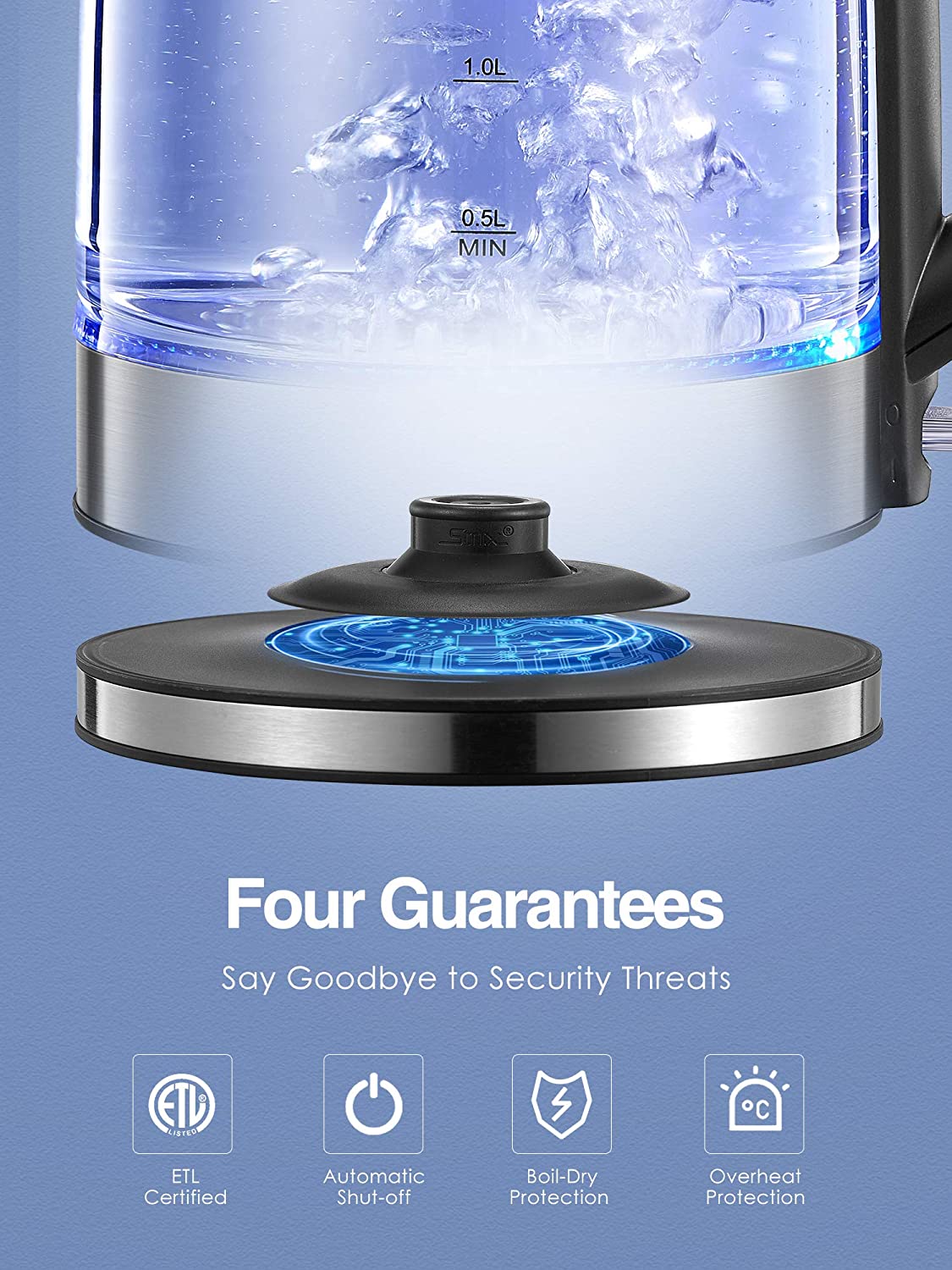 Decen | Electric Kettle, 1500W Glass Electric Tea Kettle with Speedboil Tech, 1.7L (8 Cups) Water Kettle with LED Light, Auto Shut-Off And Boil-Dry Protection, Stainless Steel Lid & Bottom, Four Guarantees