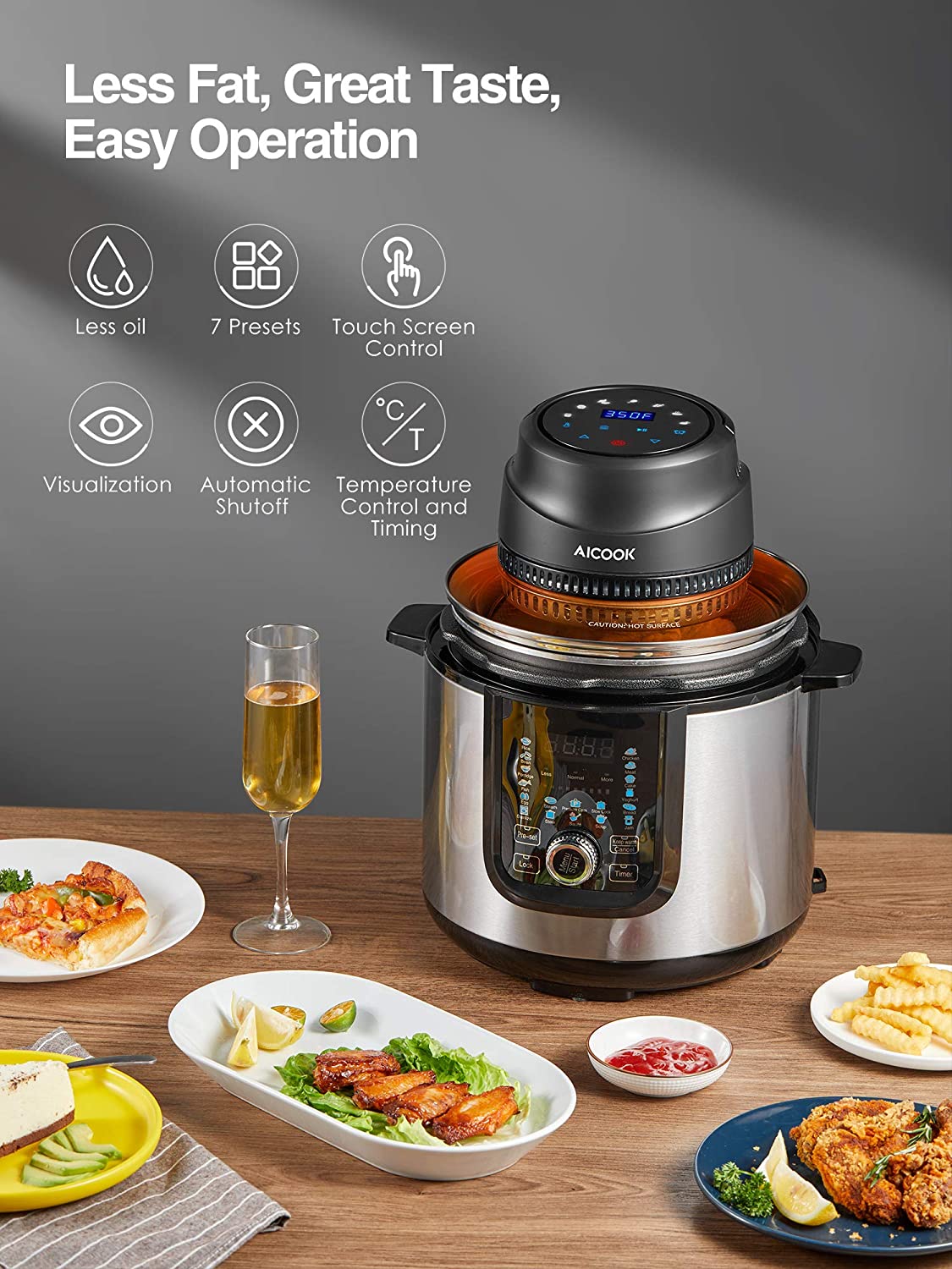 AICOOK | Instant Pot Air Fryer Lid, 7 in 1 Turn Pressure Cooker Into Air Fryer, LED Touchscreen, Accessories and Recipe Included, Less Fat, Great Taste, Easy Operation