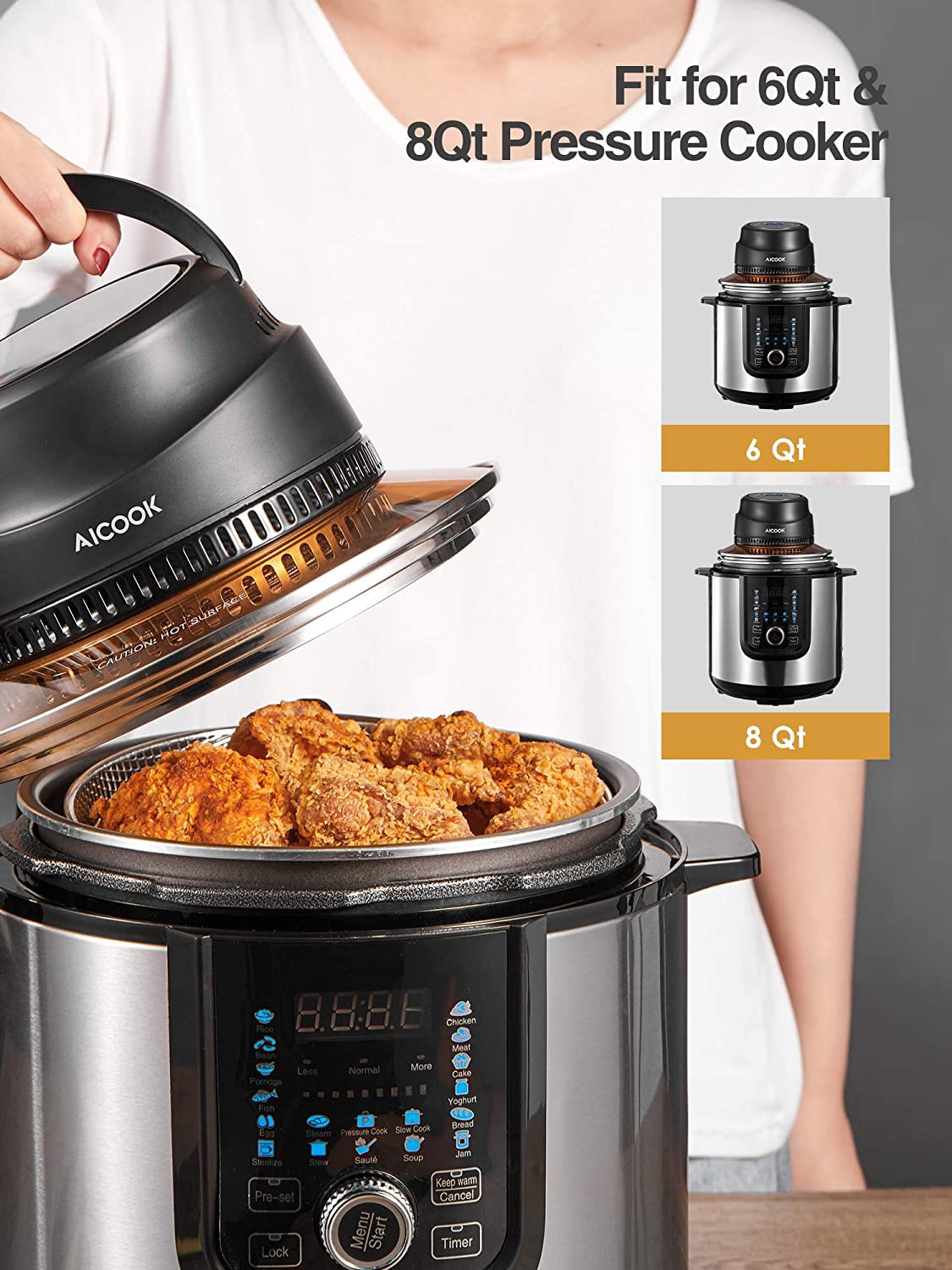 AICOOK | Instant Pot Air Fryer Lid, 7 in 1 Turn Pressure Cooker Into Air Fryer, LED Touchscreen, Accessories and Recipe Included