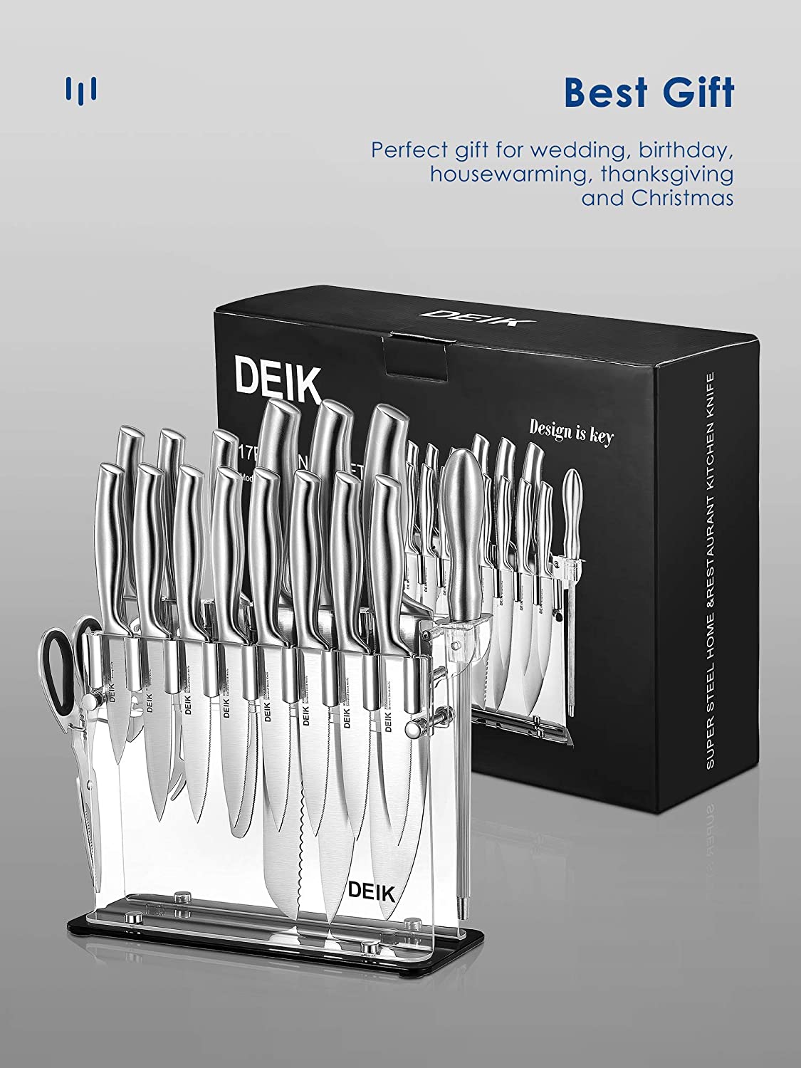 Deik Knife Set High Carbon Stainless Steel Kitchen Knife Set 17 PCS, Super Sharp Cutlery Knife Set with Acrylic Stand, Scissors and Serrated Steak Knives, Good Gift For A Family