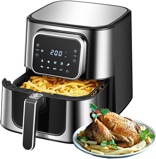 Air Fryer, 5.5 liters XXL Stainless steel, Easy to clean, 8 Programs 40 + Recipe, LED-display, Adjustable time and temperature, Silver, 1700 W [Energy efficiency class A +++]