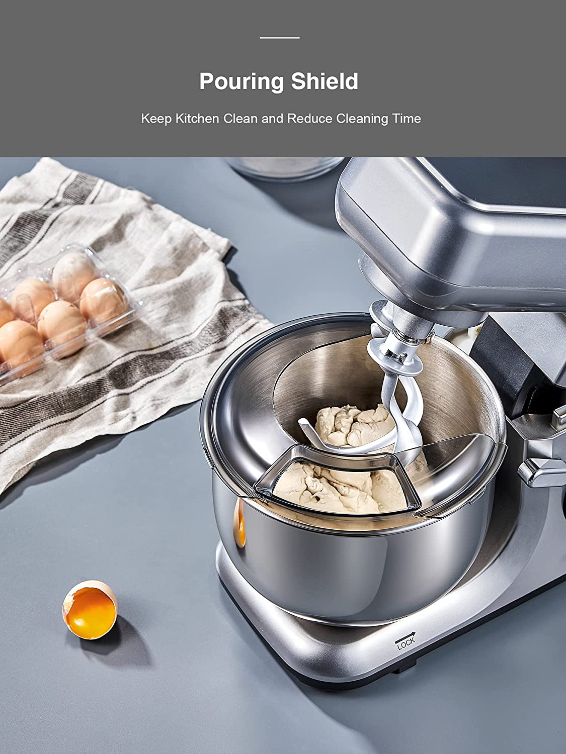 Kealive Mixer Kneader, Pastry Mixer 8 Speed Double Dough Hook with 5.5L Stainless Steel Bowl, 1200W Kneader, Whisk, Rods and Splash Guard