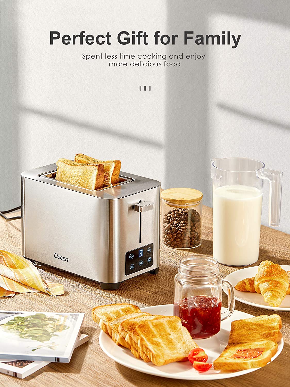 Toaster 2 Slice, DECEN Stainless Steel Toaster with Touch LCD Display (6 Toasting Settings), 2 Extra-Wide Slots, Bagel, Cancel, Defrost, and Reheat Function, Slide Out Crumb Tray, Silver