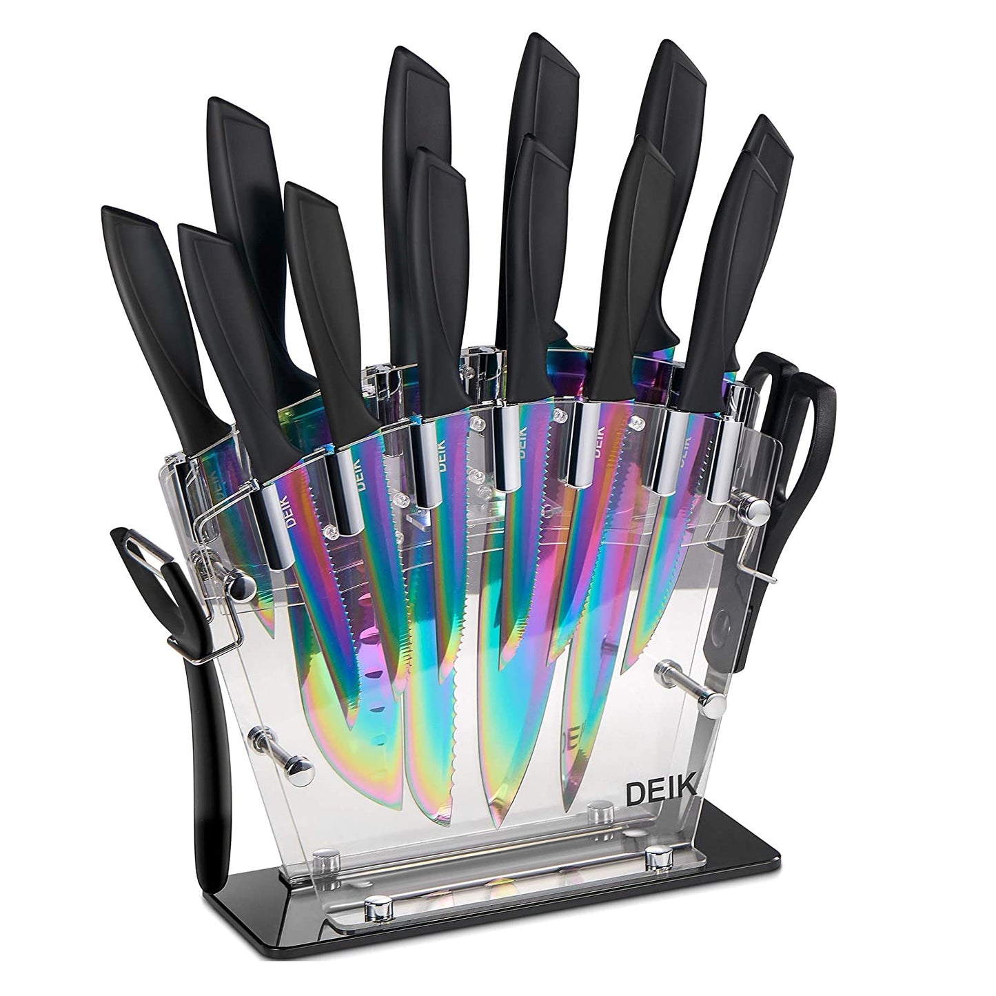 Deik Knife Set High Carbon Stainless Steel Kitchen Knife Set 14 Pieces Super Sharp Cutlery Knife Set with Acrylic Stand - Silver, Brown