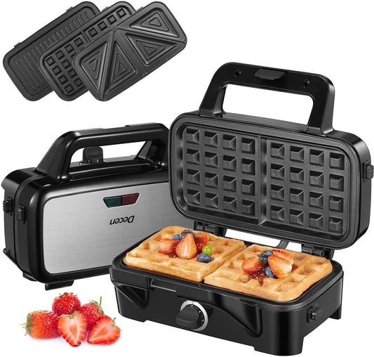 Waffle Maker 3 in 1 Sandwich Maker 1200W Panini Press With Removable Plates and 5-gear Temperature Control,Non-stick Coating Easy to Clean,Indicator Lights, Silver/Black