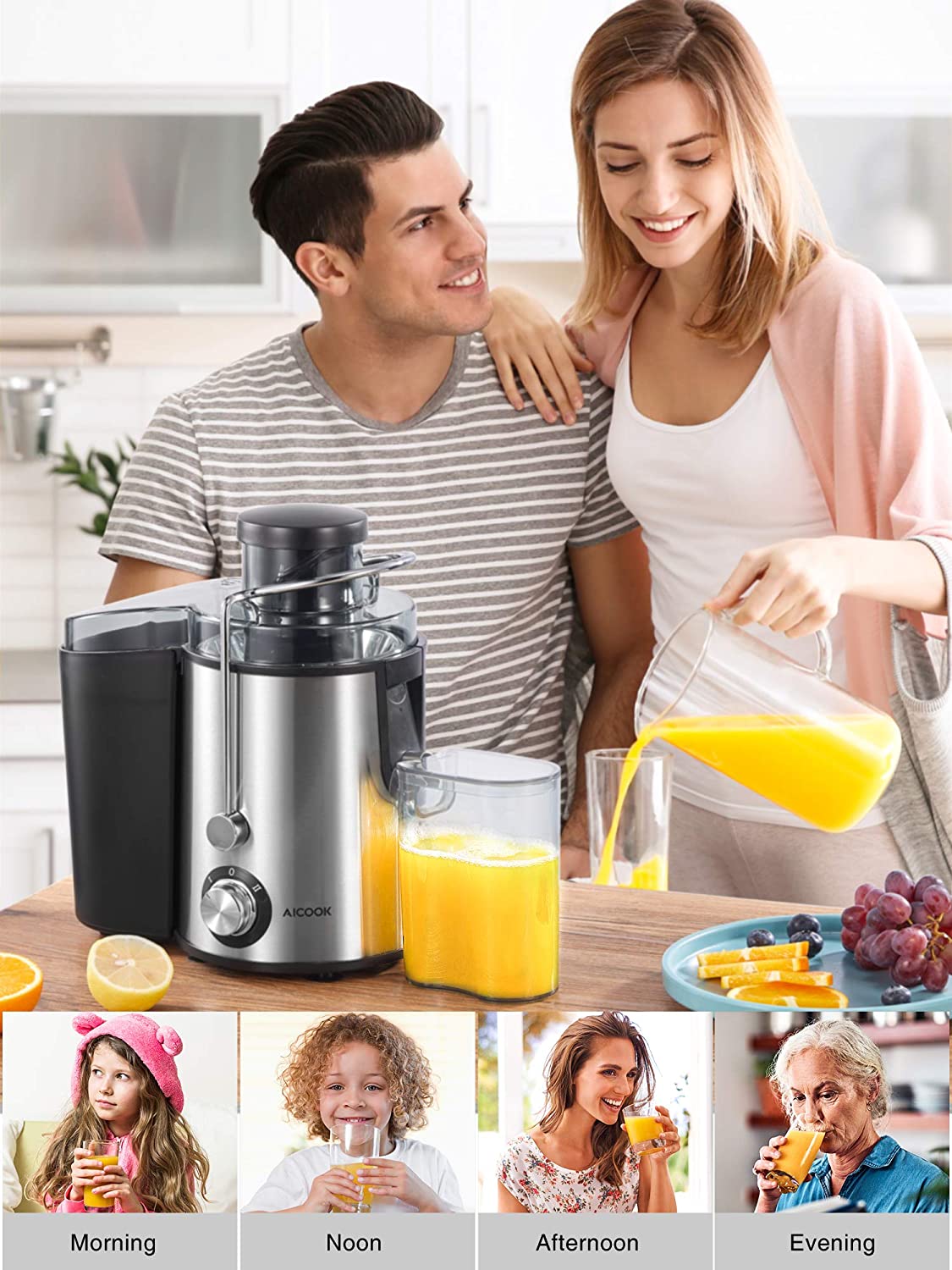 Aicook | Centrifugal Juicer Machine, Juice Extractor, 3''Wide Mouth Juicer with 2 Speeds for Fruits and Vegs, Anti-drip, Stainless Steel & BPA Free
