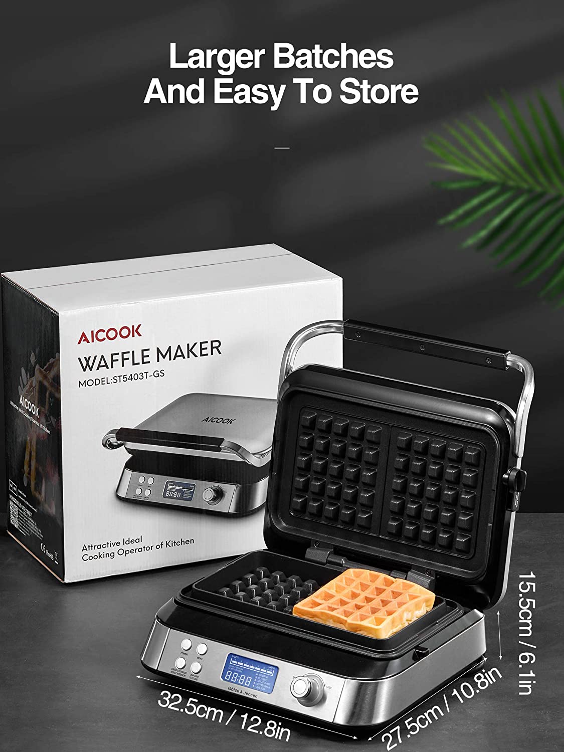 AICOOK | Waffle Maker 1600w, Smart Pro Belgian Waffle Iron with LCD Display, 2-Slice, 5 Different Programs, 7 Browning Levels, Recipe Included, Silver, Large Batches and Easy To Store