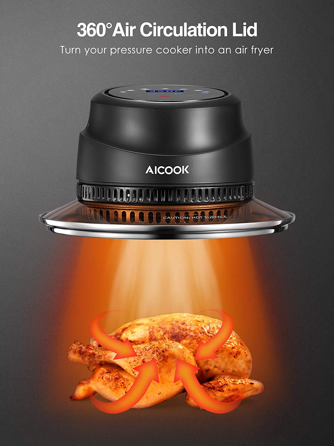 AICOOK | Instant Pot Air Fryer Lid, 7 in 1 Turn Pressure Cooker Into Air Fryer, LED Touchscreen, Accessories and Recipe Included, Air Circulation Lid