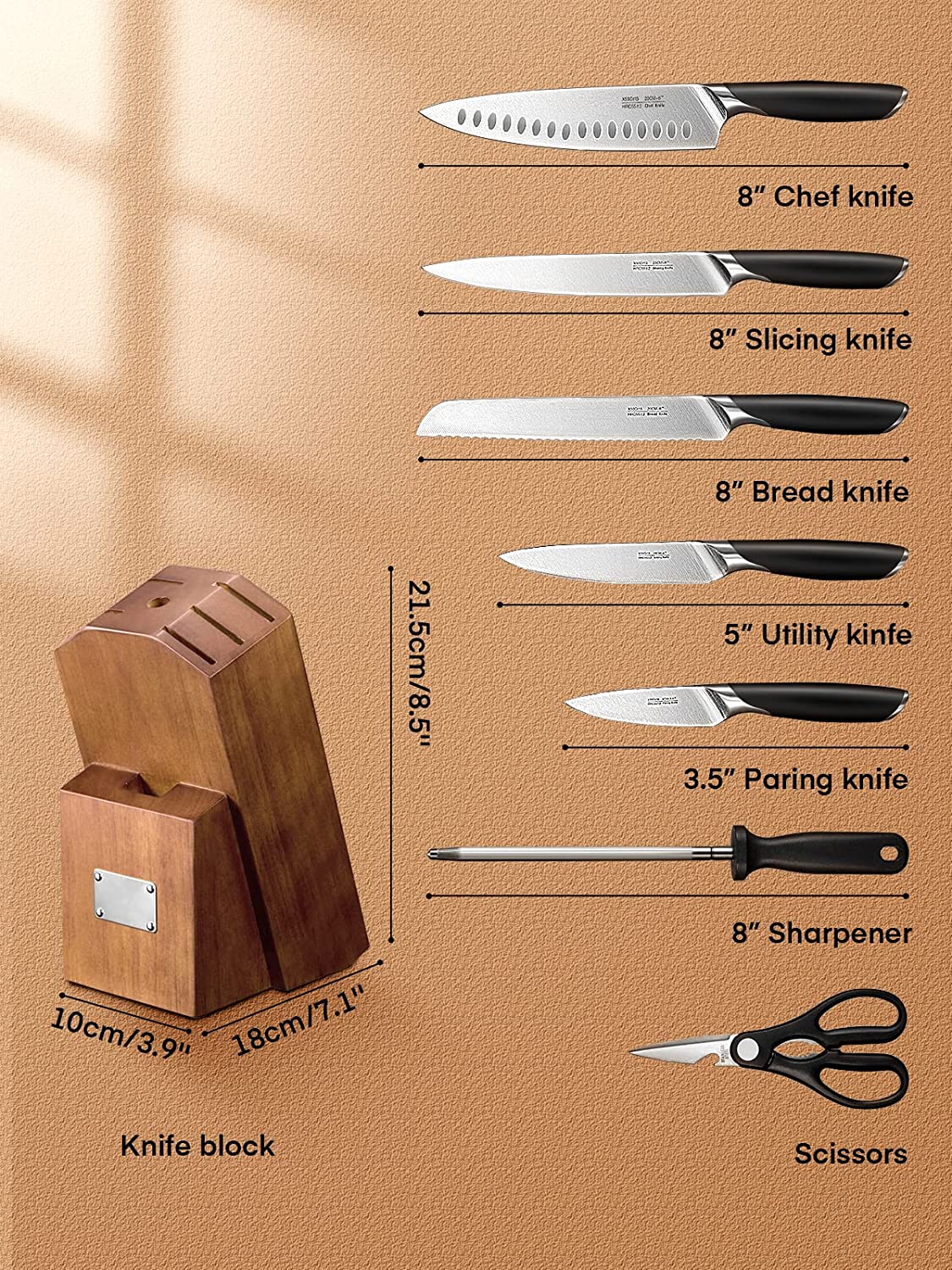 Kitchen Knife Set, 8 Piece Professional Knife Set, Knife Block Set with Wood Block, German High Carbon Stainless Steel