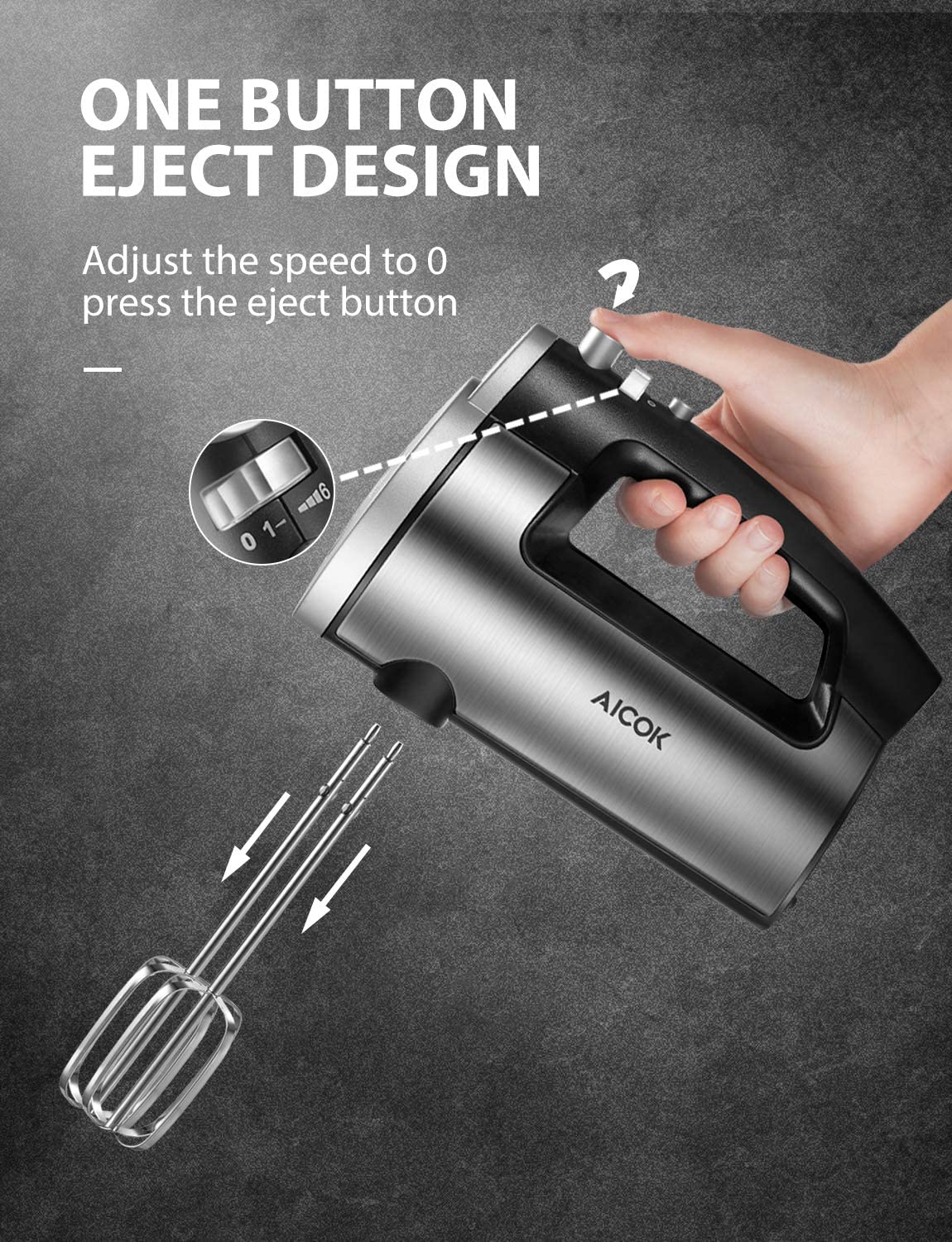AICOK-Hand Mixer Electric 6-Speed Kitchen Handheld Mixer HM833. easy assemble and clean hand mixer, compact light hand mixer