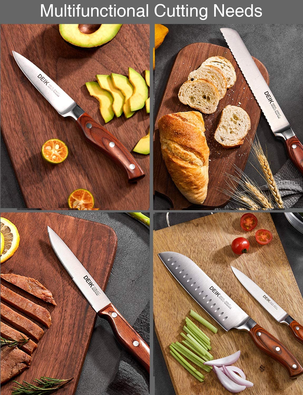 Deik | Knife Set, High Carbon Stainless Steel Kitchen Knife Set 16PCS, Super Sharp Cutlery Knife with Carving Fork and Serrated Steak Knives, Multifunctional Cutting Needs