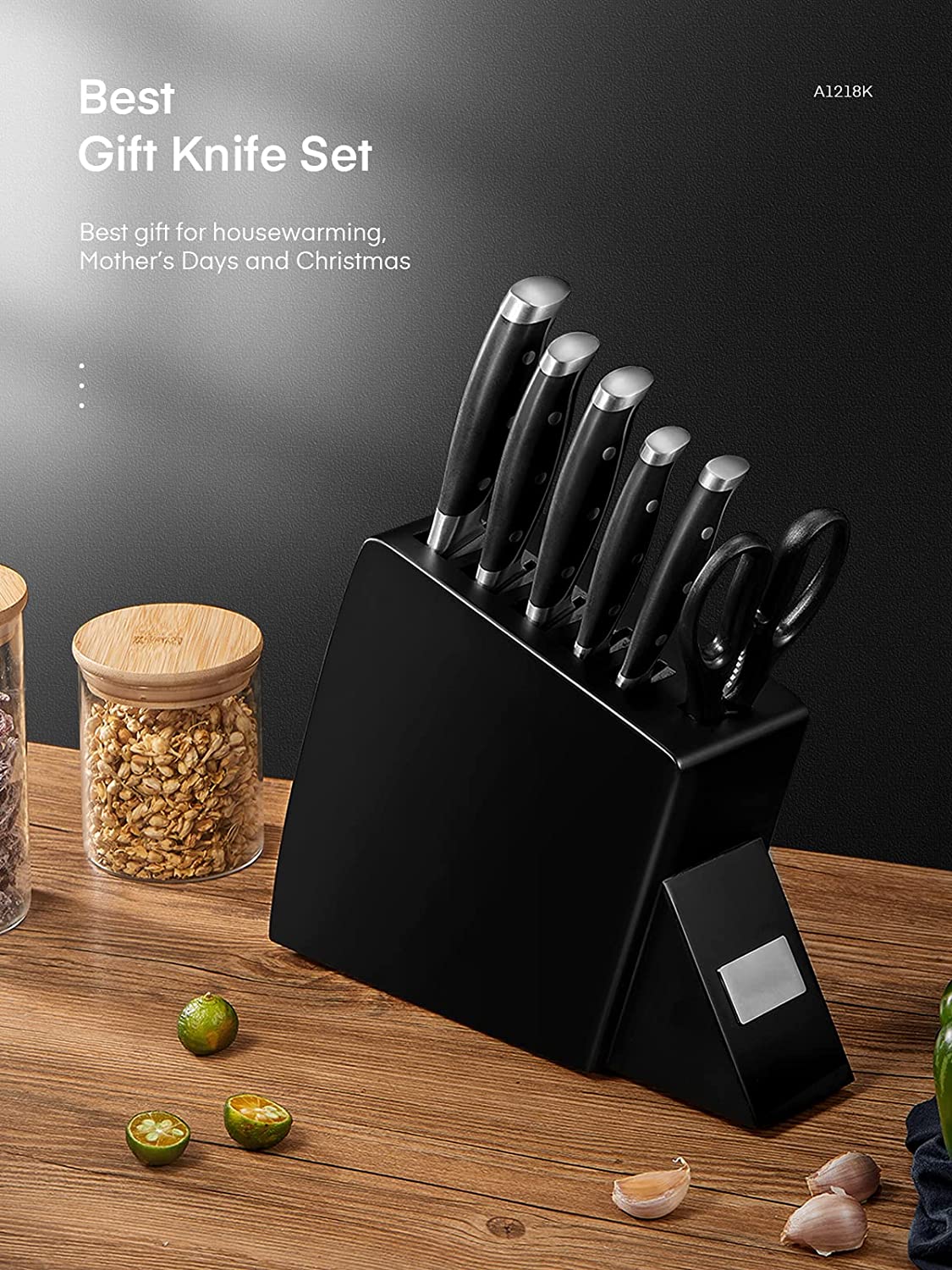 Damascus knife block set, 7 pieces, knife block with wooden block