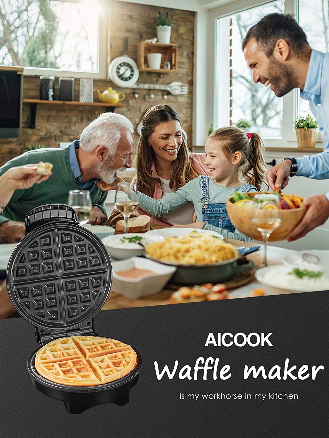 AICOOK | Waffle, Waffle  Maker Iron, Belgian Medium Waffle Iron, Stainless Steel, Adjustable Temperature Dial, Nonstick Plates & Cool Touch Handle, Contains Recipe 