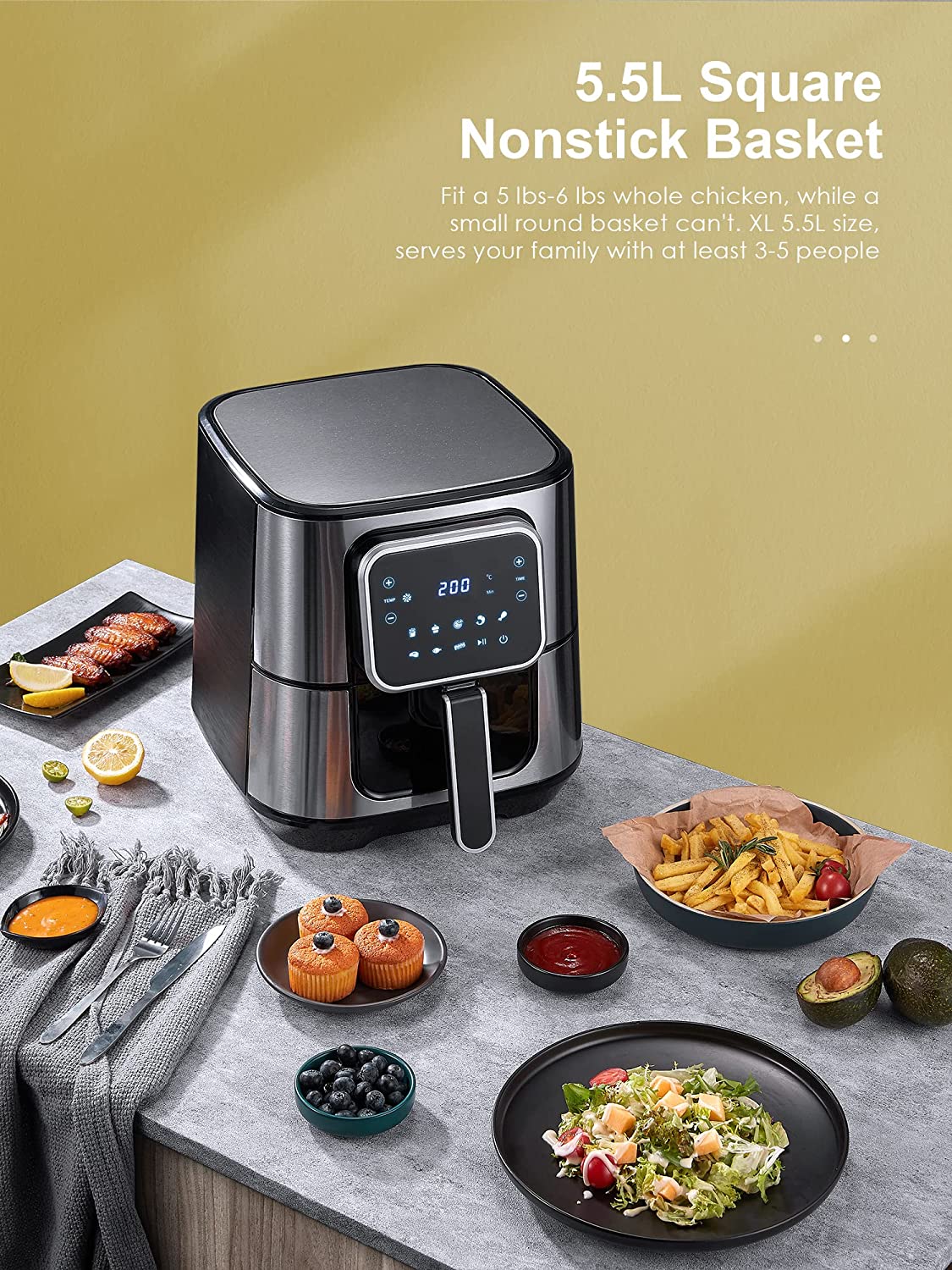 Air Fryer, 5.5 liters XXL Stainless steel, Easy to clean, 8