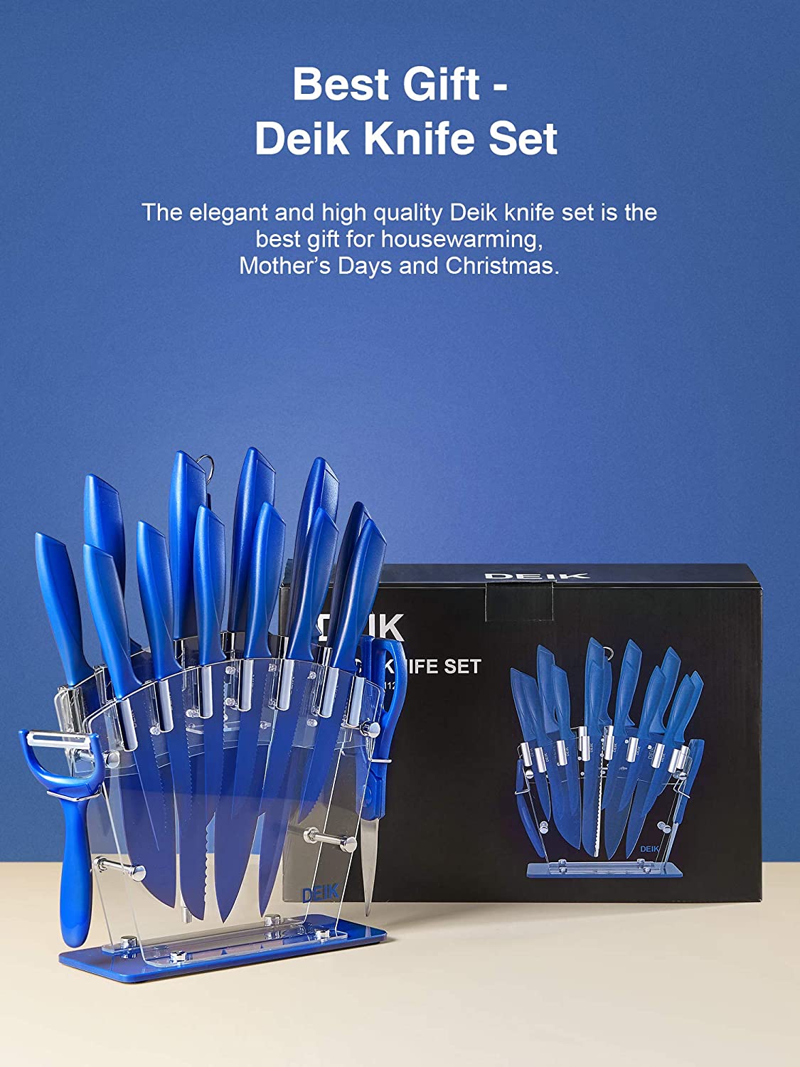 DEIK | Knife Set High Carbon Stainless Steel Kitchen Knife Set 16 PCS, BO Oxidation for Anti-rusting and Sharp, Super Sharp Cutlery Knife Set with Acrylic Stand and Serrated Steak Knives