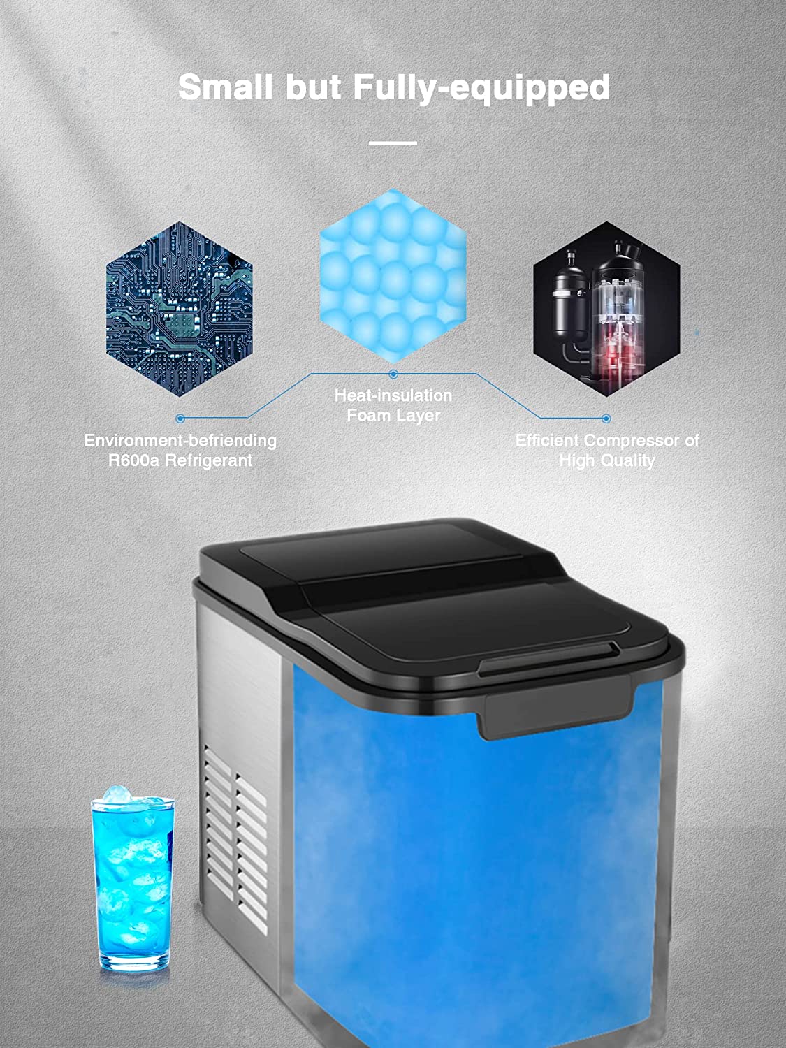 Ice Maker Machine Self Clean, 3 Size S/M/L, 13 KG / 28 lbs Ice in 24 Hrs, 9 Cubes in 6 Mins Ice Cube Maker, Timer, Ice Scoop, Basket & LED Display, for Home, RV, Kitchen, Office, Bar - Stainless Steel