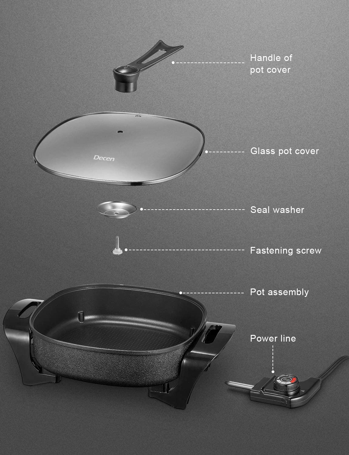 DECEN | Electric Skillet Non Stick Electric Frying Pan with Standing Tempered Glass Lid, Family Sized 6 Quart, 3 Inch depth, Heat Resistant Handles, 1360W, 12” x 12” x 3”