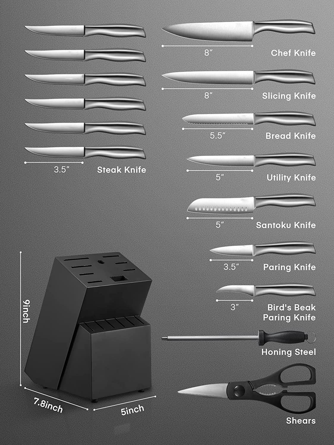 DEIK Knife Block, Professional Knife Set, 16 Pieces, Stainless Steel Chef's Knife Set with Wooden Block