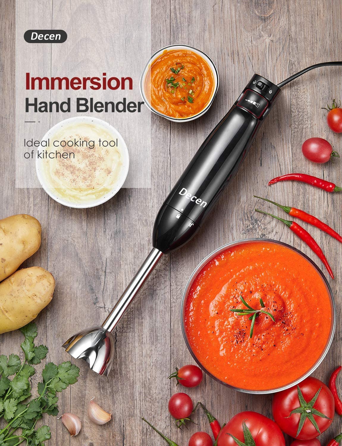 Immersion Blender 400W Multi-Purpose Hand Blender with Stepless Speed Setting, LED Indicator and Stainless Steel Blades, Ergonomic Handle, for Smoothies, Sauces, Soup, Milk shake BPA-Free/Black