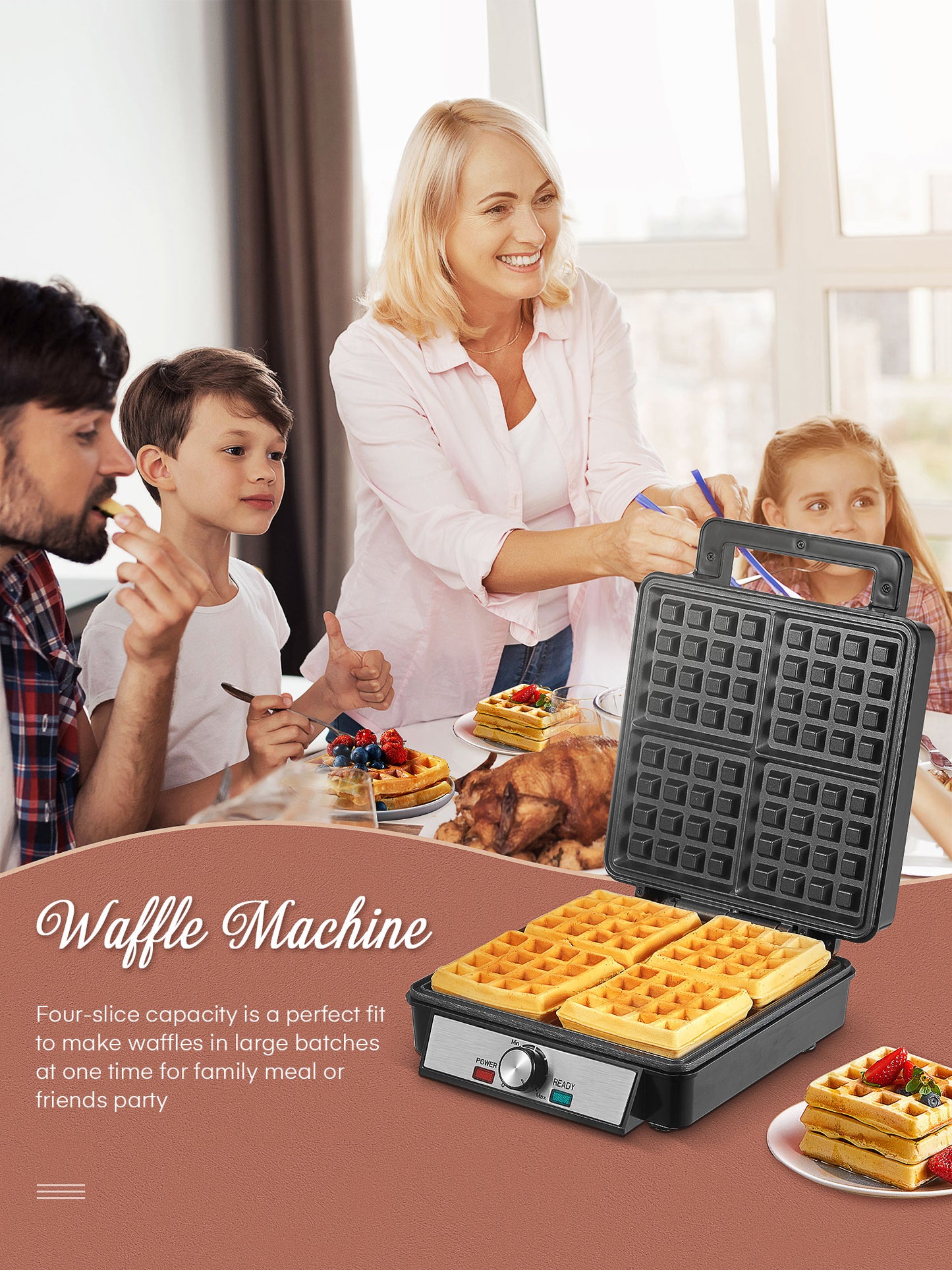 AICOOK Belgian Waffle Maker Square 4 Slices Waffle Making Machine Iron with Non-Stick Surfaces,  Anti-Overflow, Adjustable Temperature, Stainless Steel Construction, LED Indicator, 1200W , Black/Silver