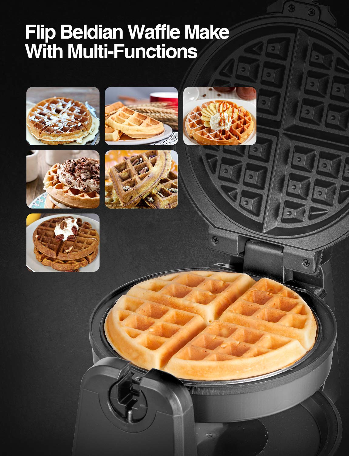 AICOOK | Classic Rotating Belgian Waffle Maker, 180° Flip Waffle Iron for Perfect 1" Thick Waffles, PFOA Free Nonstick Plates & Removable Drip Tray for Easy Clean Up, 1200W Browning Control, Stainless Steel