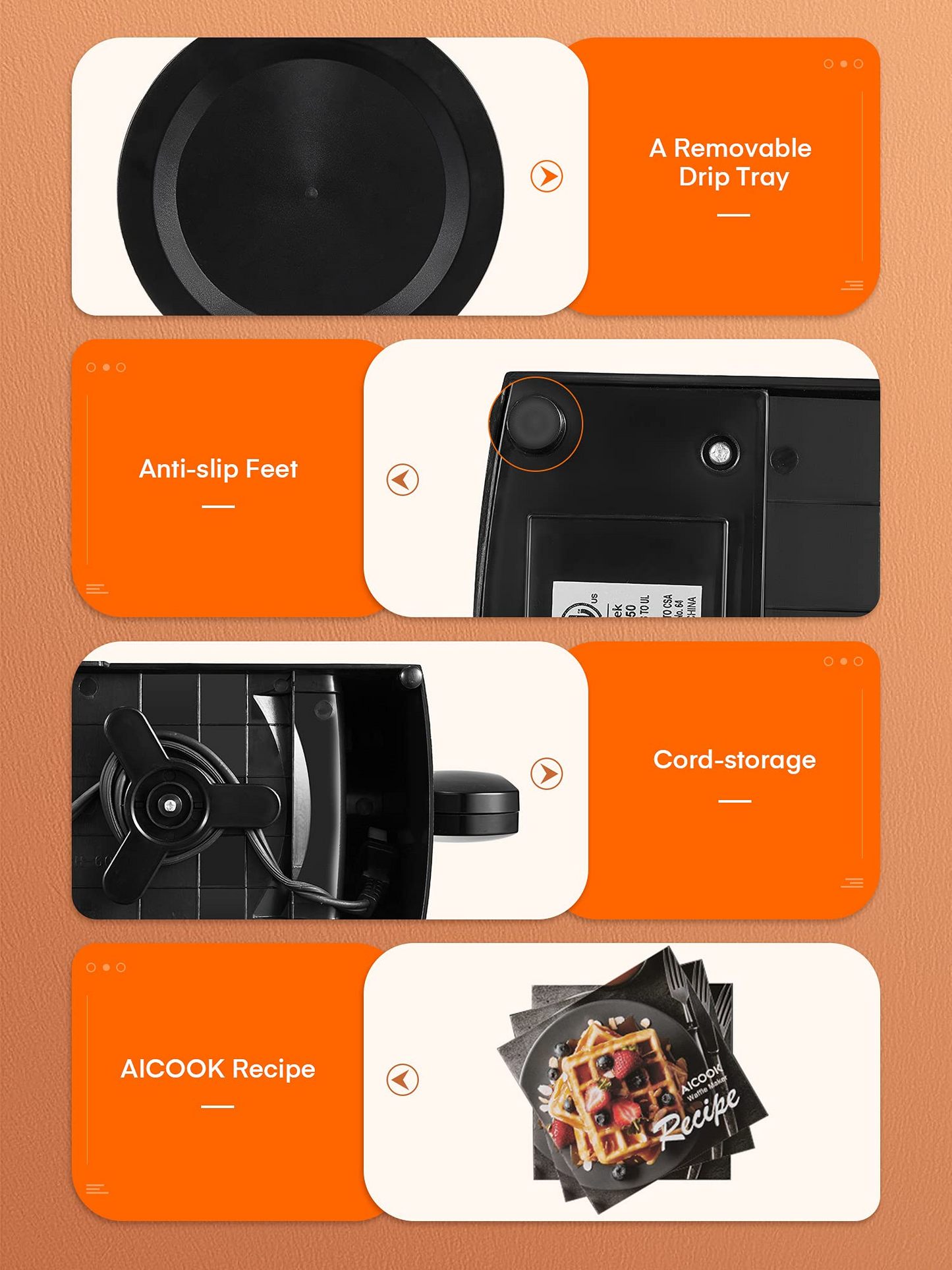 AICOOK | Double Waffle Maker 180° Flip, Belgian Waffle Iron 8 Slices One Time, Nonstick Plates, Removable Drip Tray & Rotating, 1400W Adjustable Temperature Control Cool Touch Handle, Black