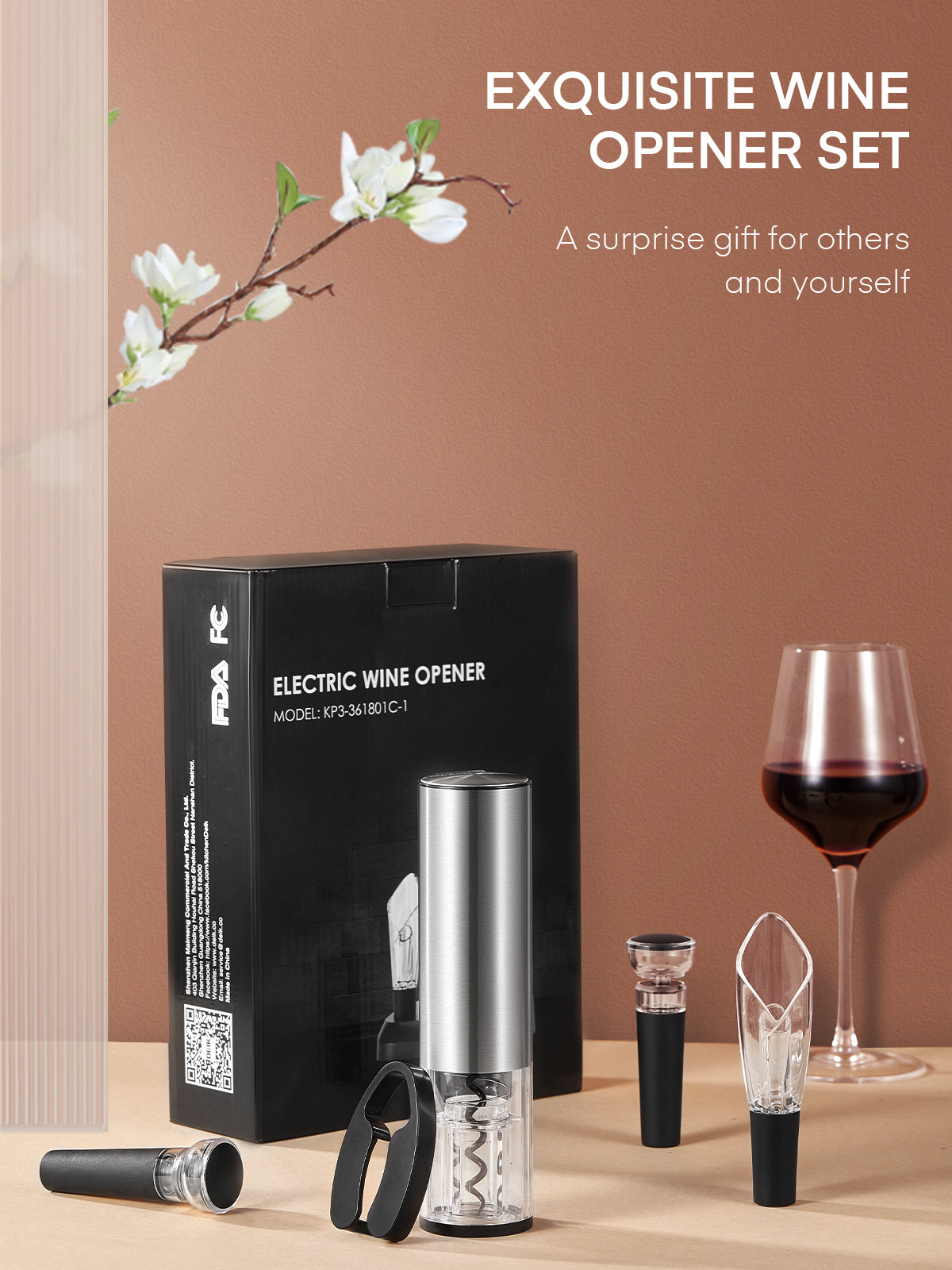 Electric Wine Opener, Cordless Automatic Electric Wine Bottle Opener with Charging Base, Vacuum Freshener with 2 Stoppers, Foil Cutter,Wine Pourer,Adaptor