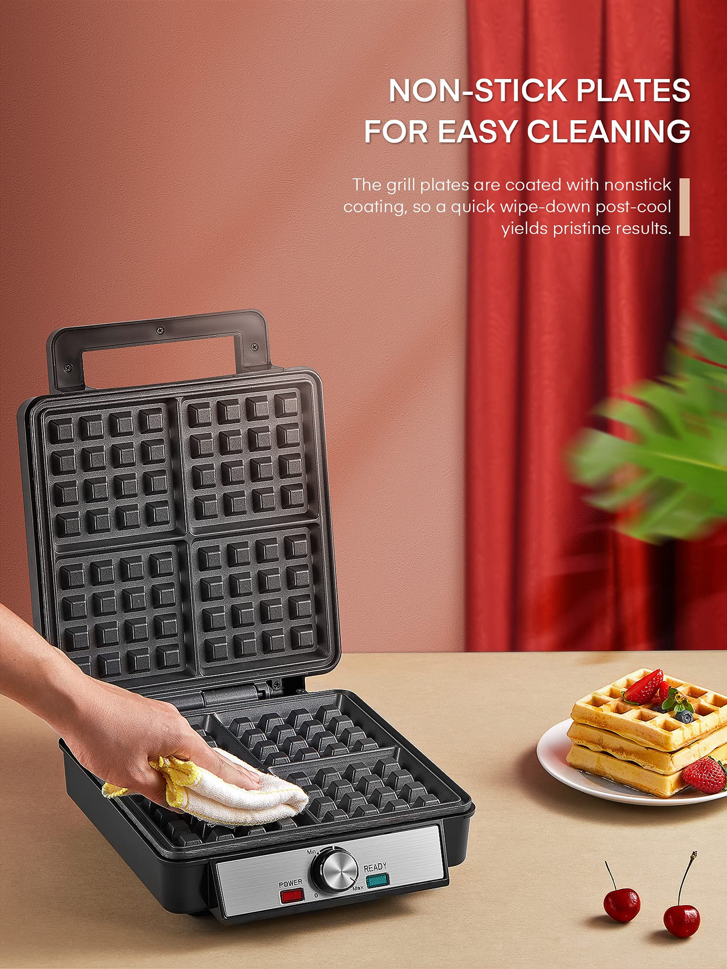 AICOOK | Waffle Maker Square 4 Slices Waffle Making Machine Iron with NonStick Surfaces, Anti Overflow, Adjustable Temperature, Stainless Steel Construction, LED Indicator, 1200W , Black/Silver