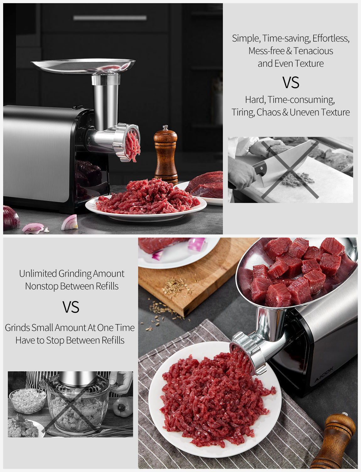 AICOK -Meat Grinder, 3-IN-1 Stainless Steel Meat Mincer, Sausage Stuffer, [2000W Max] Food Grinder MG-2430RB, commercial use meat grinder,  meat chopper