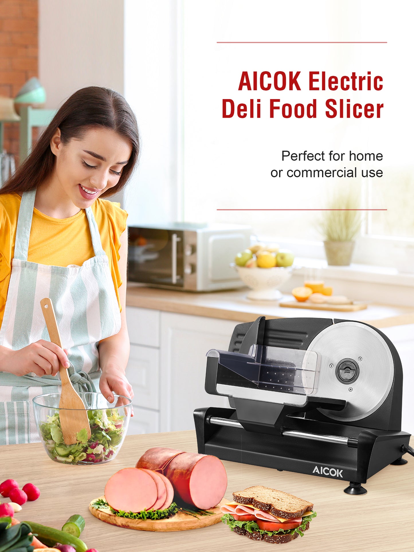 Aicok Home Use Meat Slicer, 200W Electric Deli & Food Slicer Home Use, 0-15mm Adjustable Thickness Food Slicer Machine Cut Meat, Cheese, Bread SL-519N