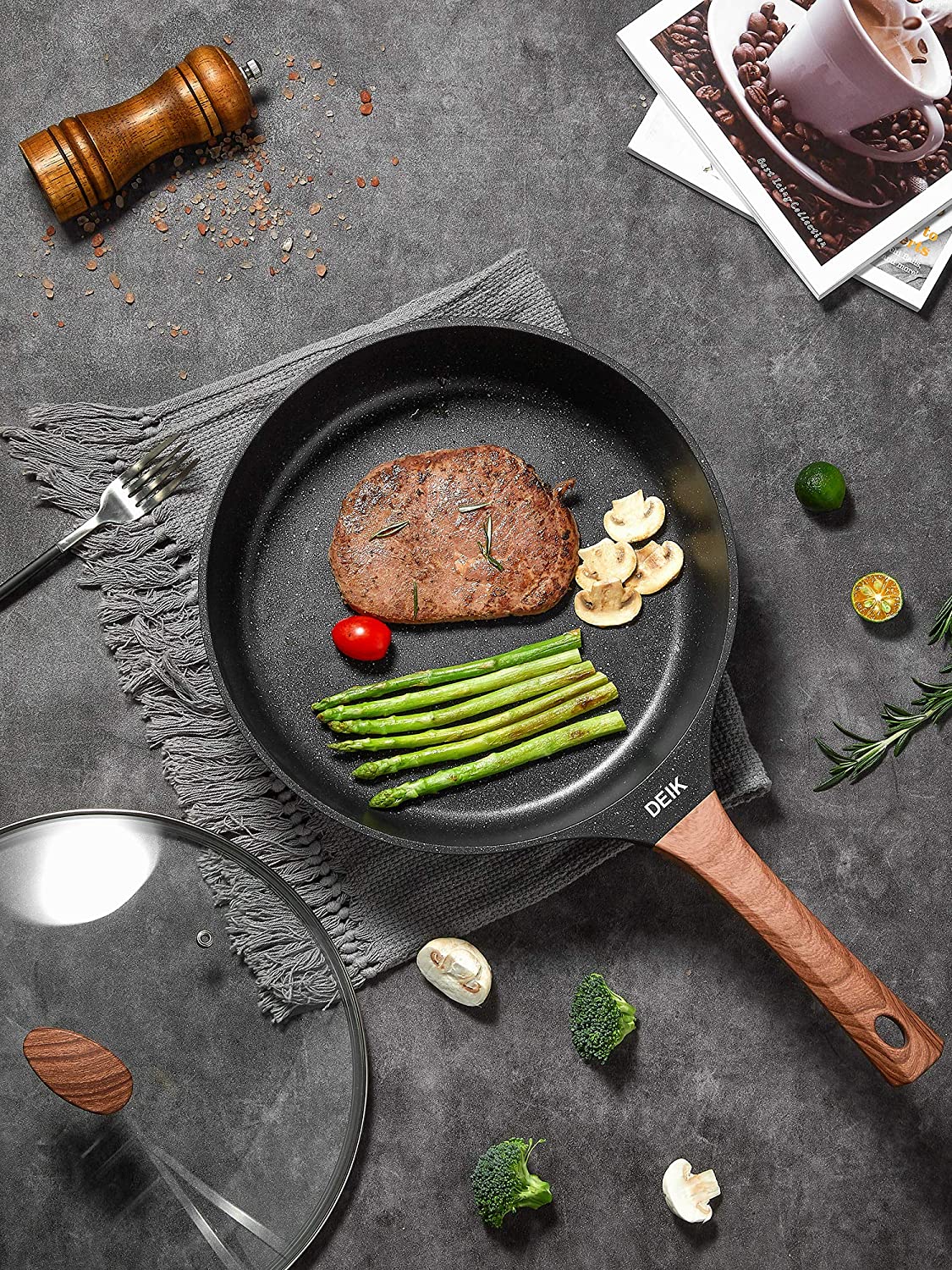 DEIK Frying Pan with Lid, Non-Stick Frying Pan 28 cm, Saute Pan with Black Granite-Derived Coating, Die-cast Aluminium, Bakelite Handle, All Stoves Compatible