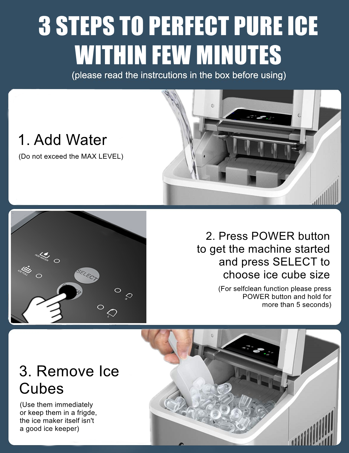 Ice Maker Machine Countertop, 28 lbs in 24 Hrs, 9 Cubes Ready in 5 Mins, 2 Ice Sizes, 2 L with Self-clean, LCD Display, Silver