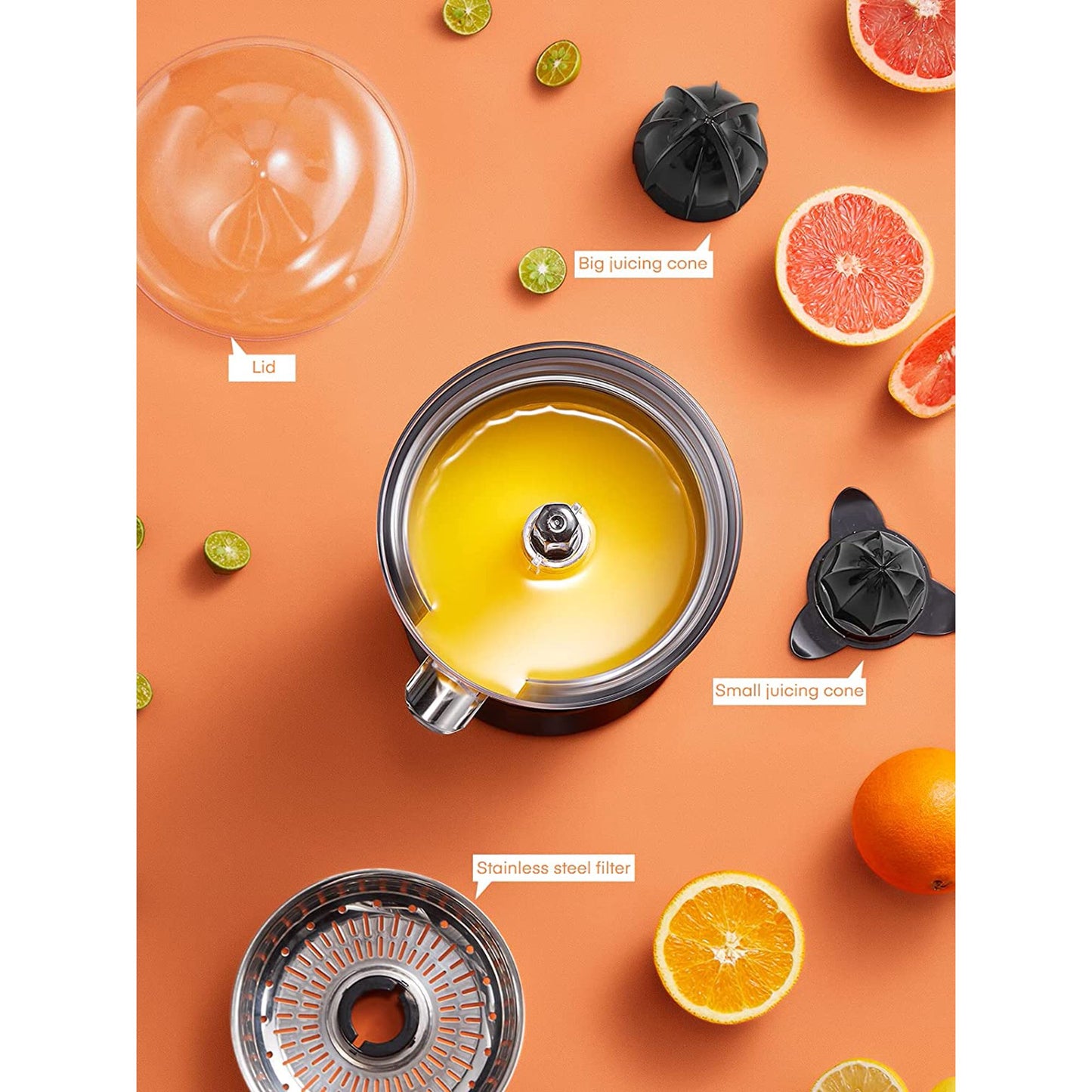 Orange Juice Squeezer Electric Citrus Juicer with Two Interchangeable Cones Suitable for orange, lemon and Grapefruit, Brushed Stainless Steel