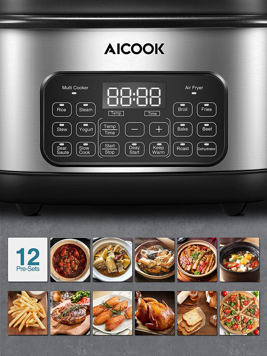 AICOOK Slow Cooker 6Qt, 10 in 1 Programmable Multifunctional Cooker,  Steamer, Yogurt Maker, Non Stick Pot