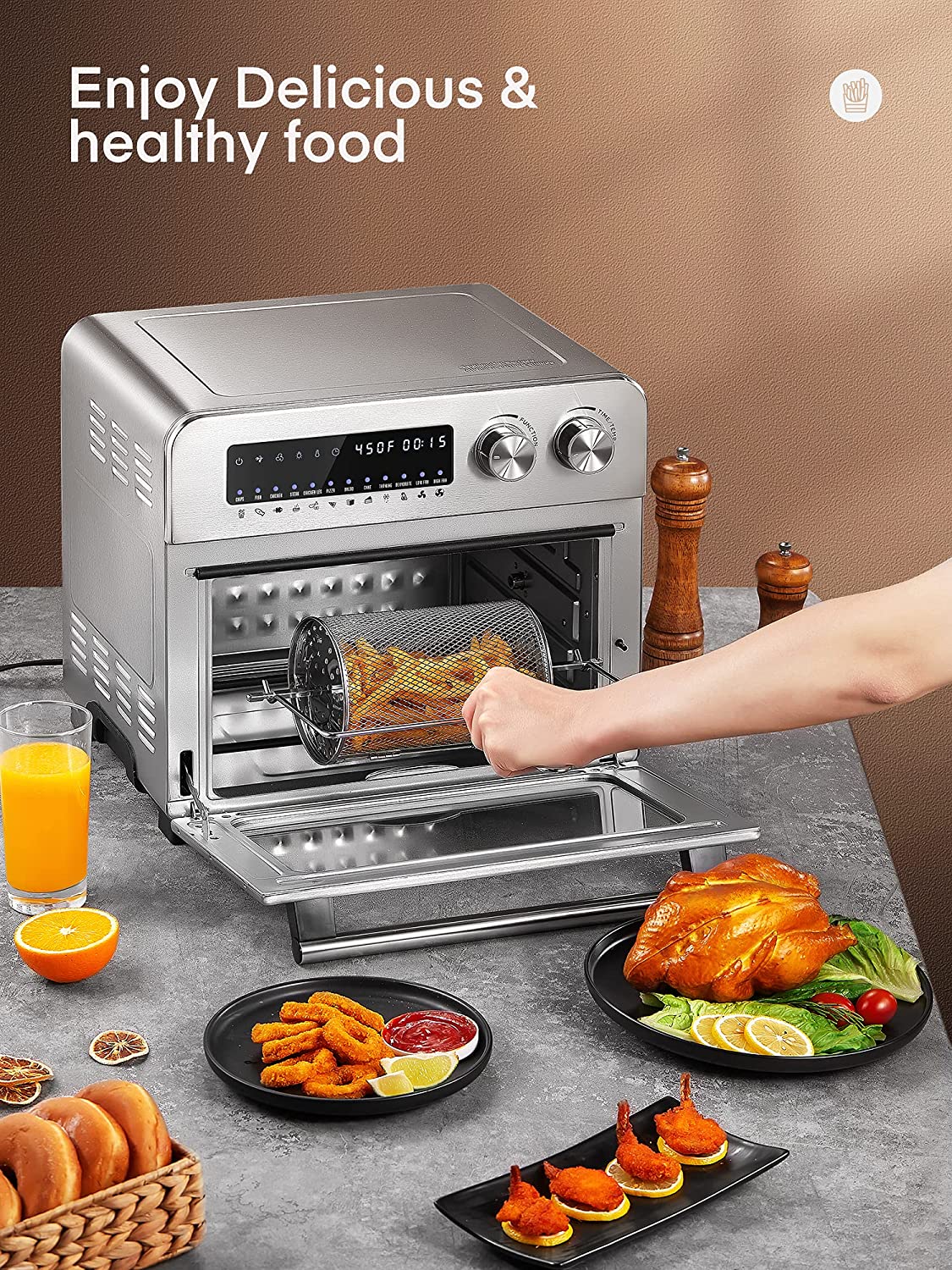 AICOOK Air Fryer Oven 24 QT, 12-in-1 Air Fryer 1700W Digital Large Convection Oven with Rotisserie and Dehydrator for Chicken, French Fries and Pizza, Air fryer Toaster Oven Include 8 Accessories, Healthy Food, Healthy Life