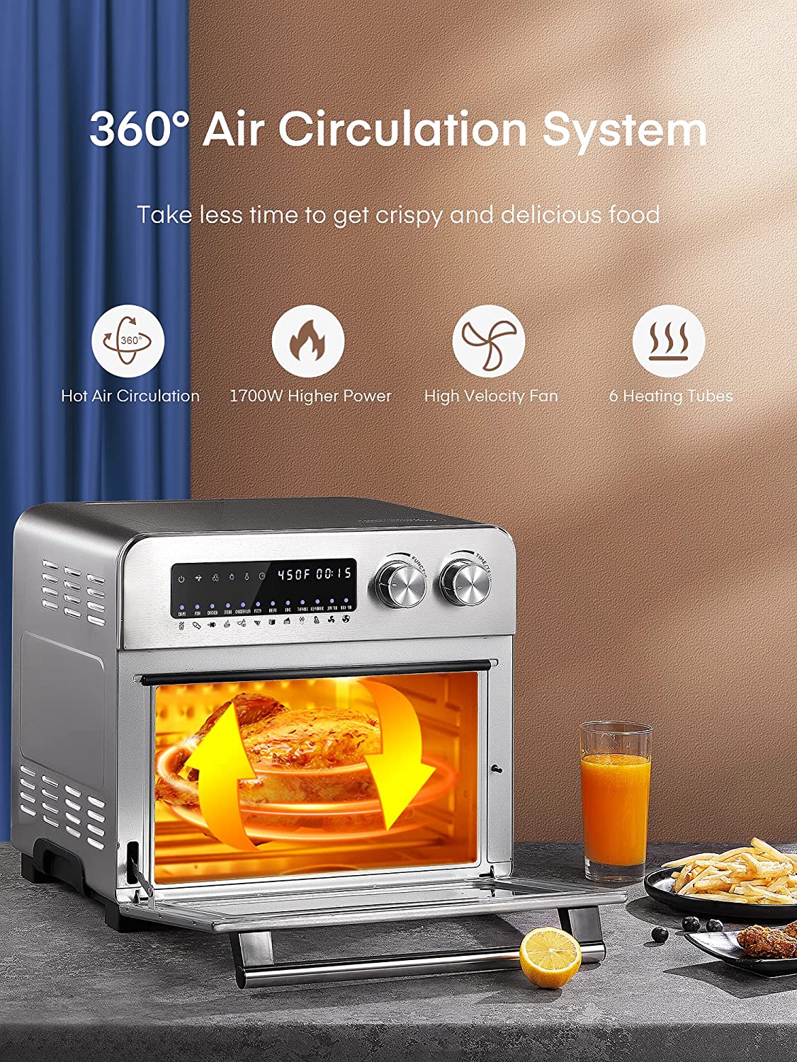 AICOOK Air Fryer Oven 24 QT, oven with 360° Air Circulation System, 12-in-1 Air Fryer 1700W Digital Large Convection Oven with Rotisserie and Dehydrator for Chicken, French Fries and Pizza, Air fryer Toaster Oven Include 8 Accessories