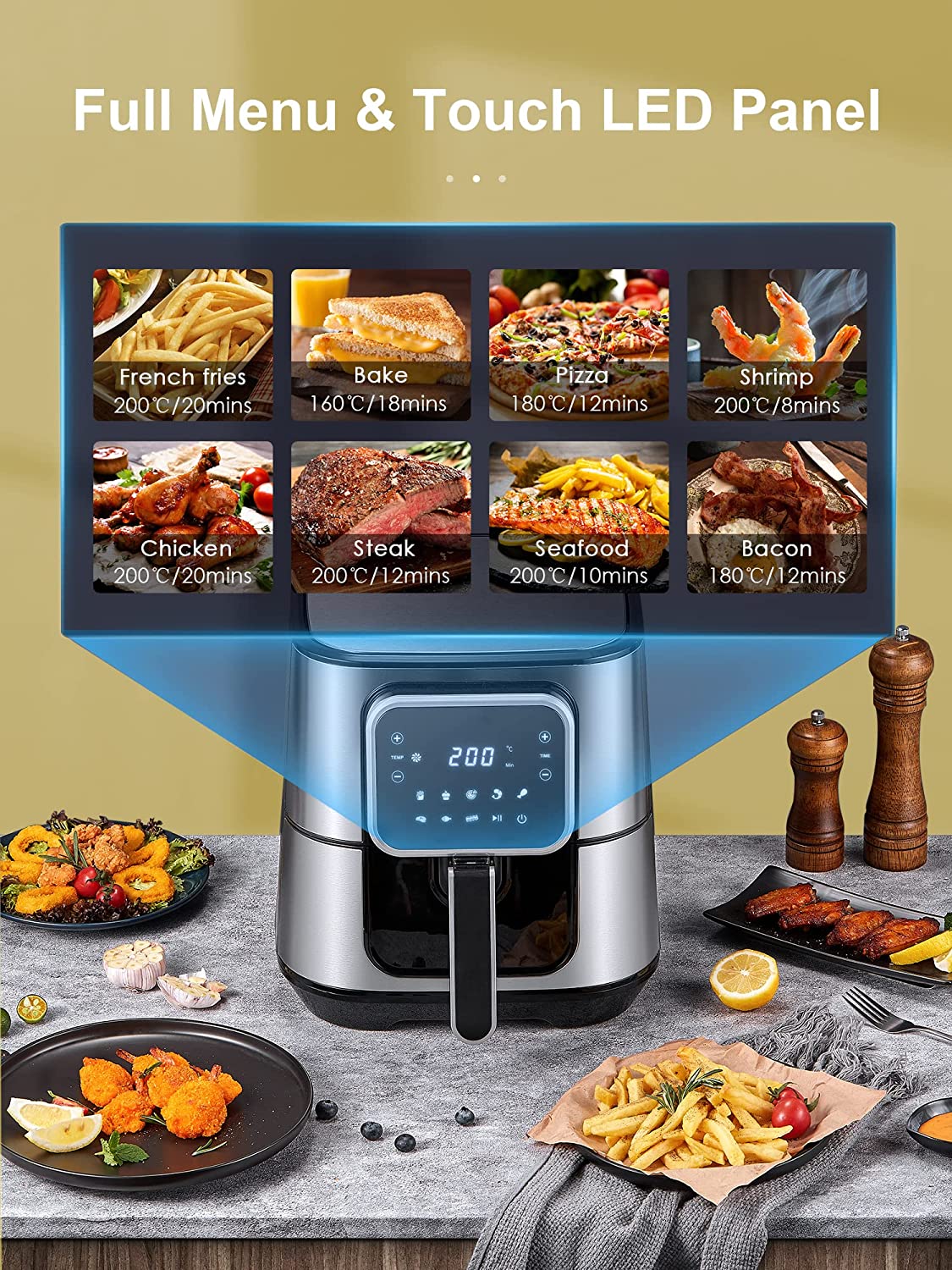Air Fryer, 5.5 liters XXL Stainless steel, Easy to clean, 8 Programs 40 + Recipe, LED-display, Adjustable time and temperature, Silver, 1700 W [Energy efficiency class A +++]