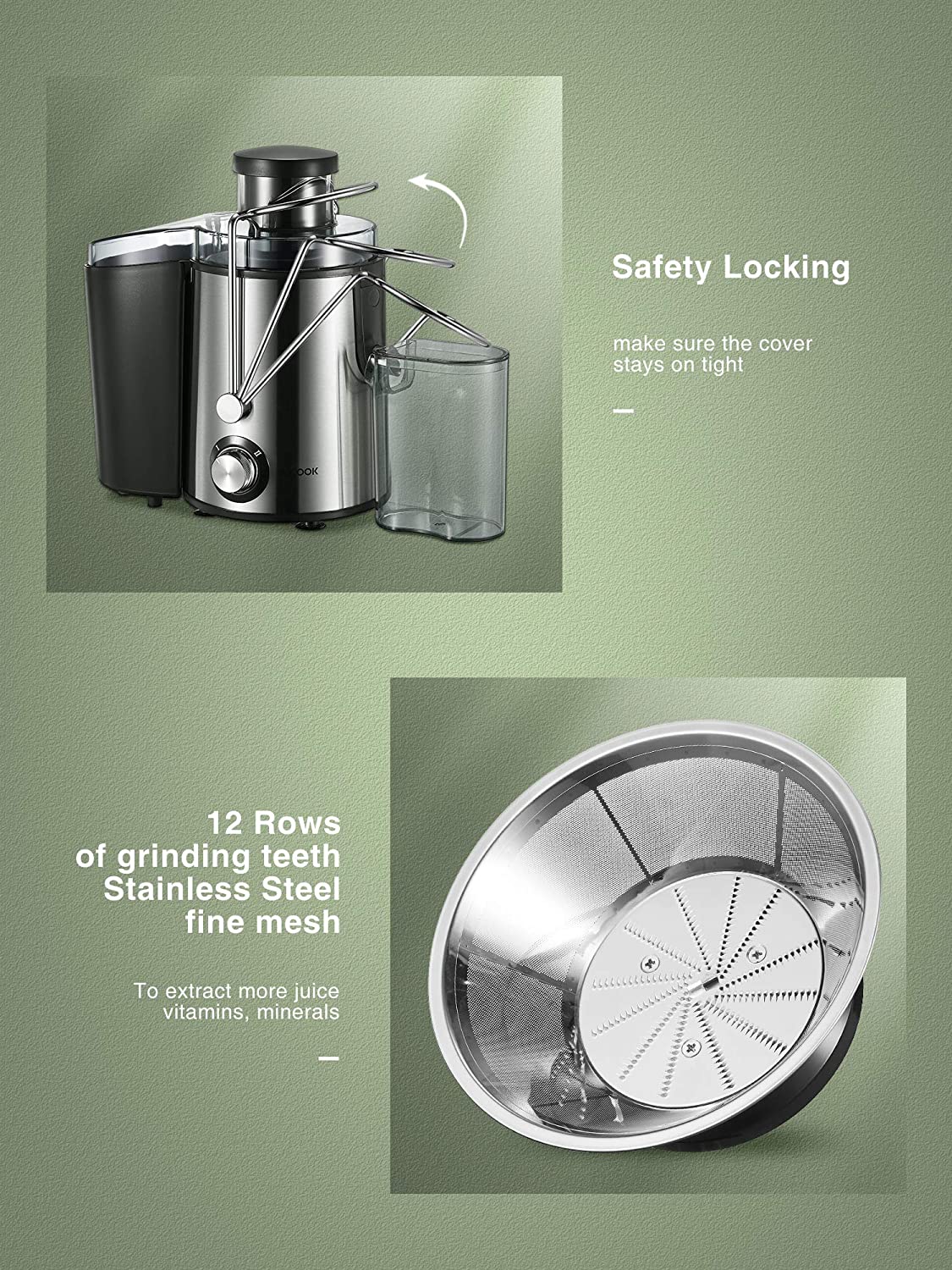 Aicook | Centrifugal Juicer Machine, Juice Extractor, 3''Wide Mouth Juicer with 2 Speeds for Fruits and Vegs, Anti-drip, Stainless Steel & BPA Free, Safety Locking, 12 Rows Of Grinding Teeth