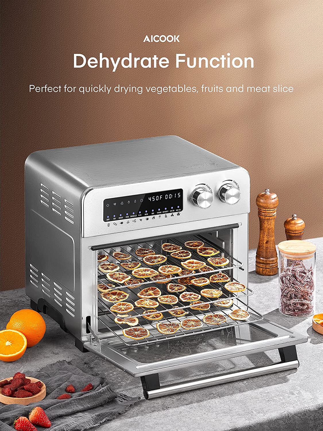 AICOOK Air Fryer Oven 24 QT, 12-in-1 Air Fryer 1700W Digital Large Convection Oven with Rotisserie and Dehydrator for Chicken, French Fries and Pizza, Air fryer Toaster Oven Include 8 Accessories, dehydrate function with oven