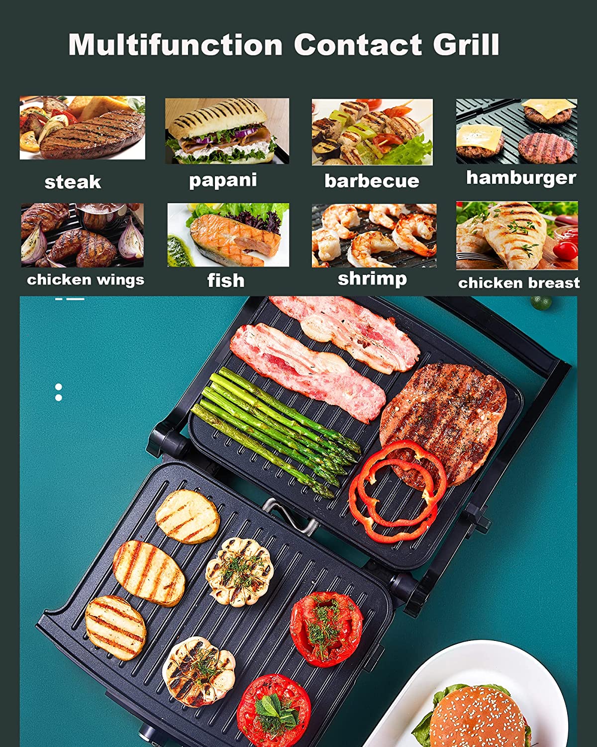 DEIK Electric Table Grill for Double-Sided 2000 W, Contact Grill 180 Degree Opening, Electric Grill for Panini, Toasts, Steak, Vegetables, Sandwich, Adjustable Temperature Controller
