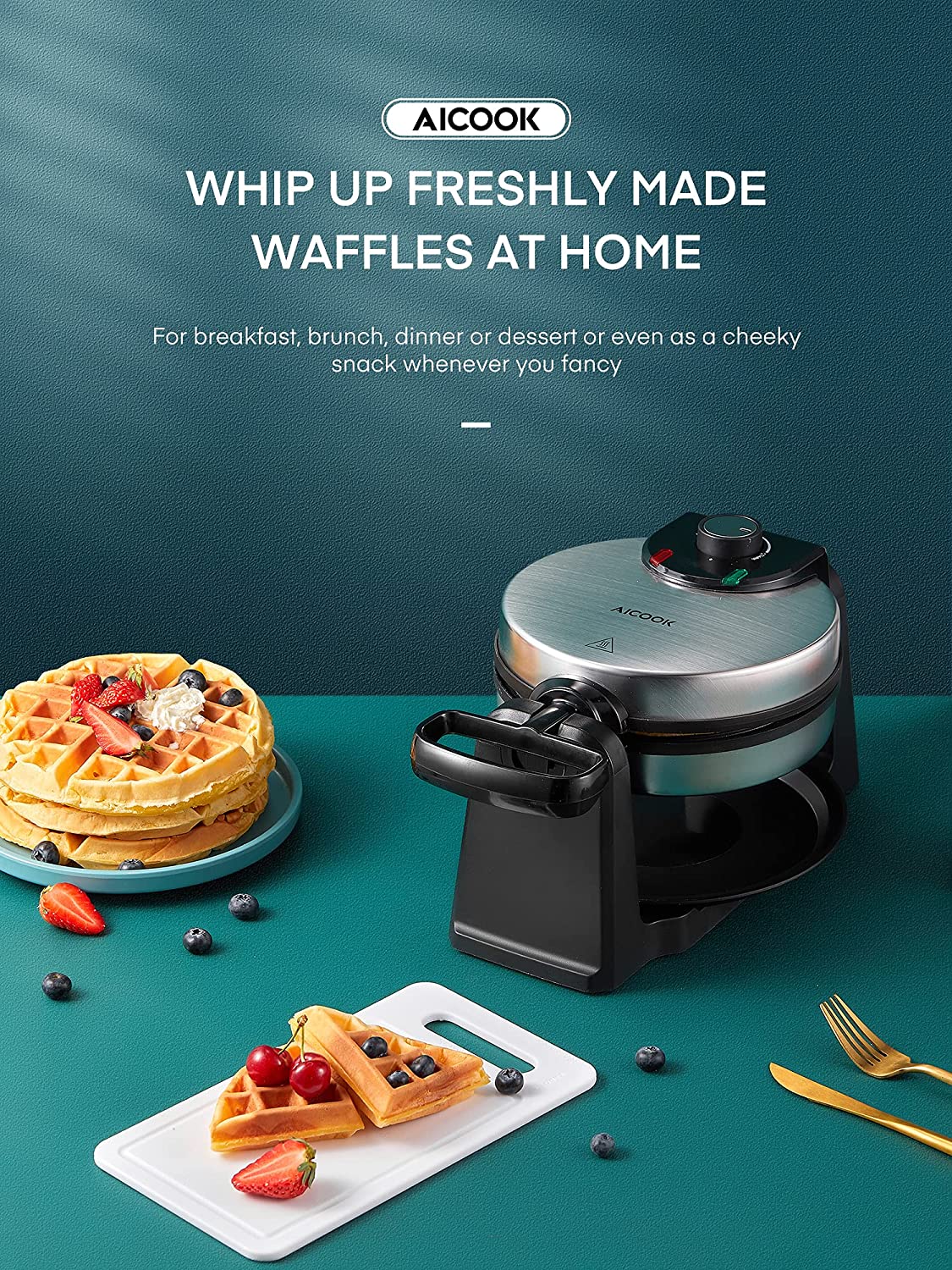AICOOK |  Mini 180° Flip Waffles Maker for Individual, Adjustable Temperature Dial, Nonstick Plates, Black
