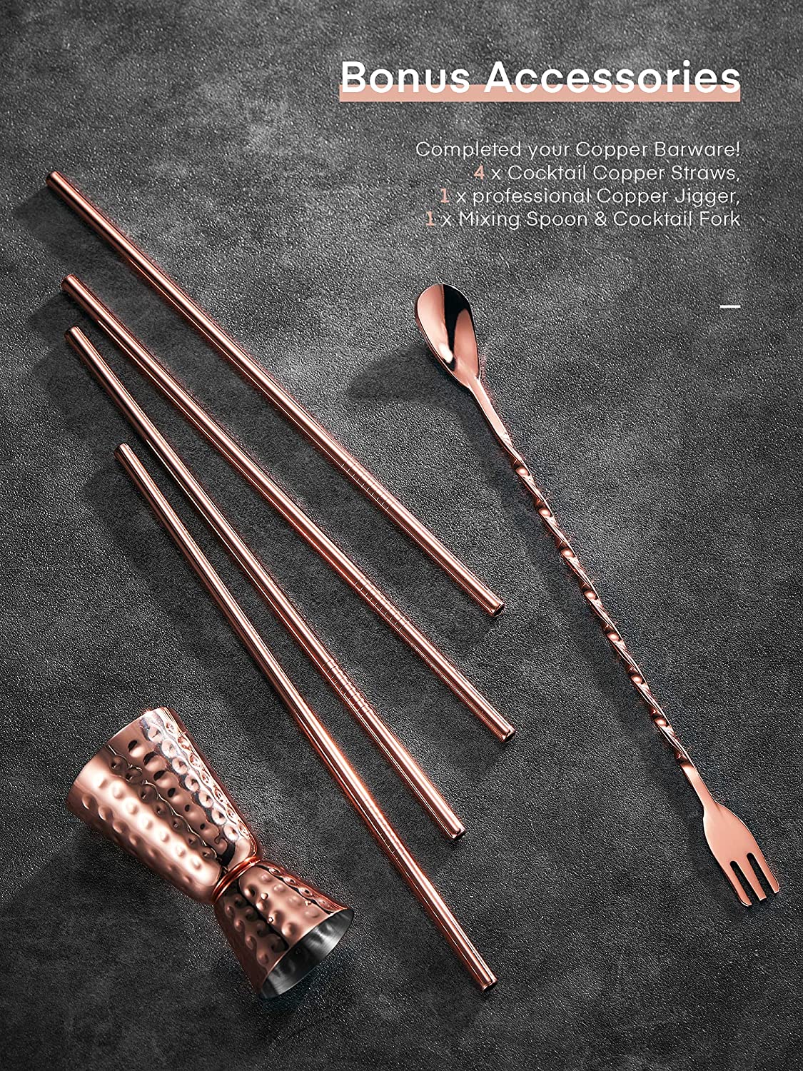 Moscow Mule Mugs, Set of 4 Hammered Moscow Mule Copper Mugs, Food Grade Stainless Steel Lining, 18 oz Gift Set Copper Mugs with 4 Straws, 1 Double-Jigger, 2-in-1 Bar Stirring Spoon Fork