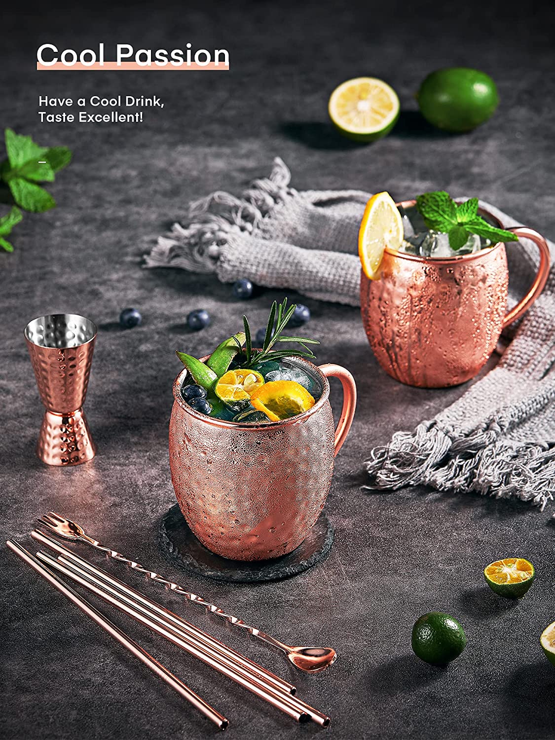 Moscow Mule Mugs, Set of 4 Hammered Moscow Mule Copper Mugs, Food Grade Stainless Steel Lining, 18 oz Gift Set Copper Mugs with 4 Straws, 1 Double-Jigger, 2-in-1 Bar Stirring Spoon Fork