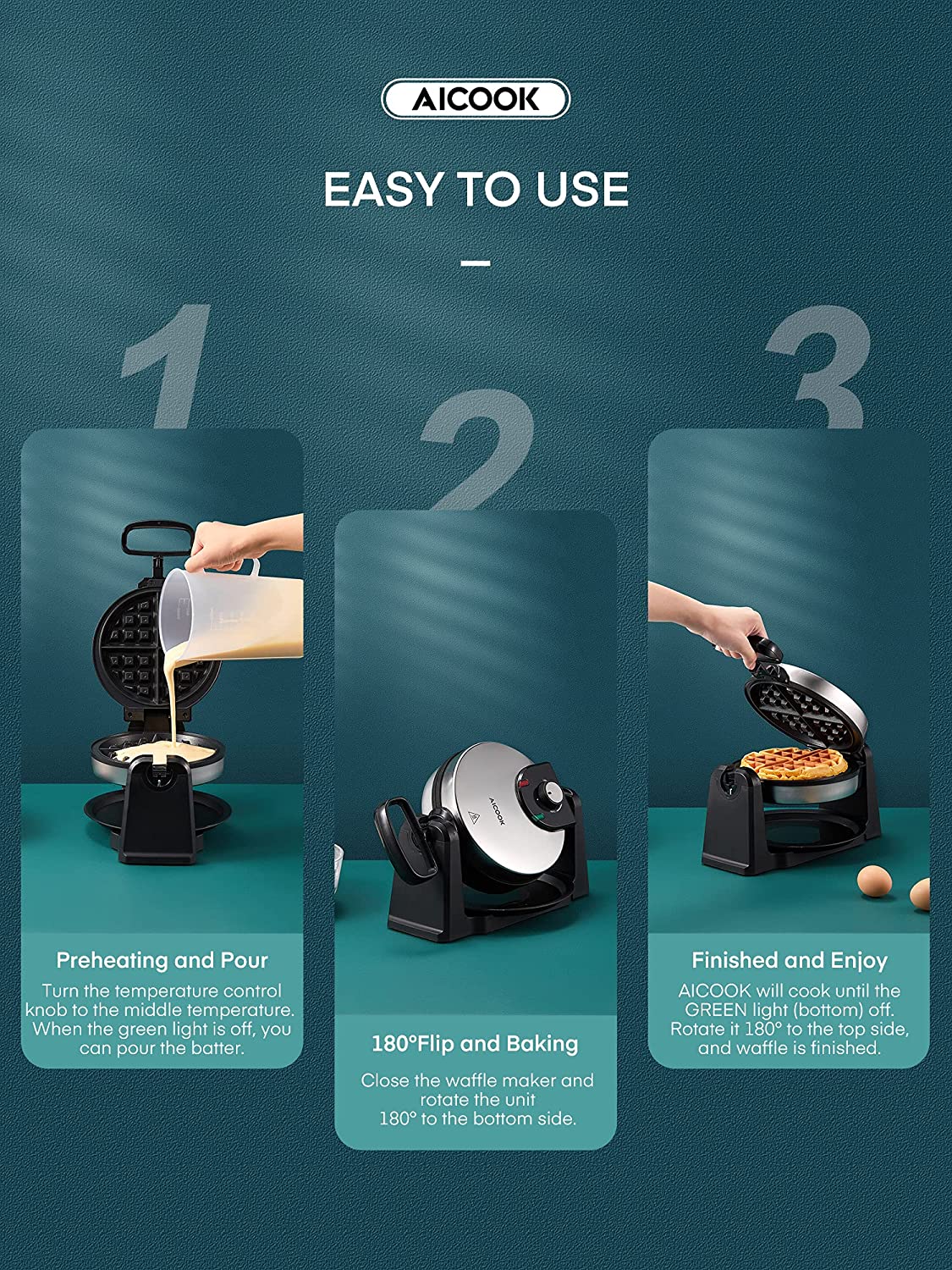 AICOOK |  Mini 180° Flip Waffles Maker for Individual, Adjustable Temperature Dial, Nonstick Plates, Easy To Use, Black