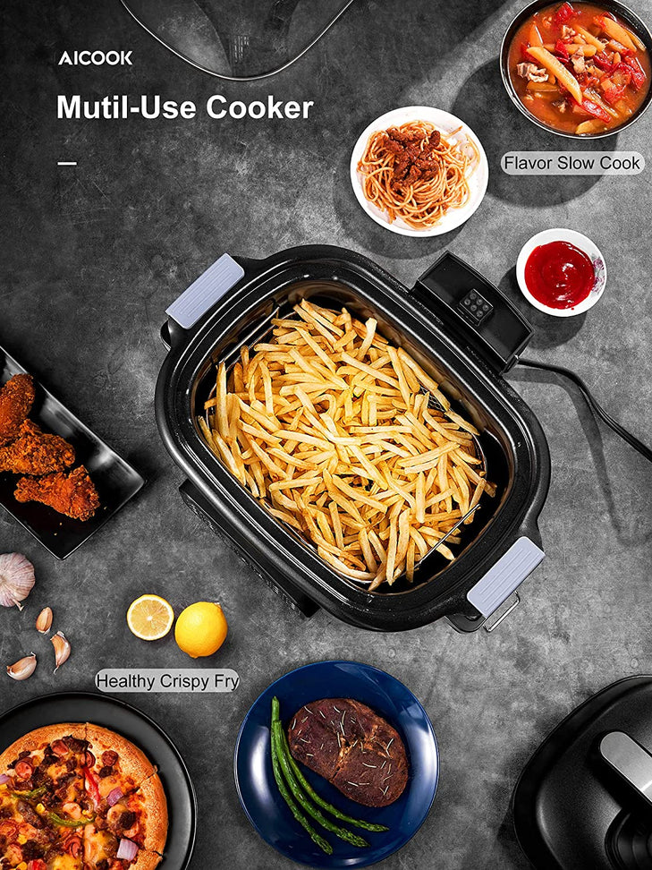 AICOOK | Slow Cooker Air Fryer Combo, 12-in-1 Multicooker 6.5Qt Programmable Indoor Electric Grill, Multi-Use Cooker