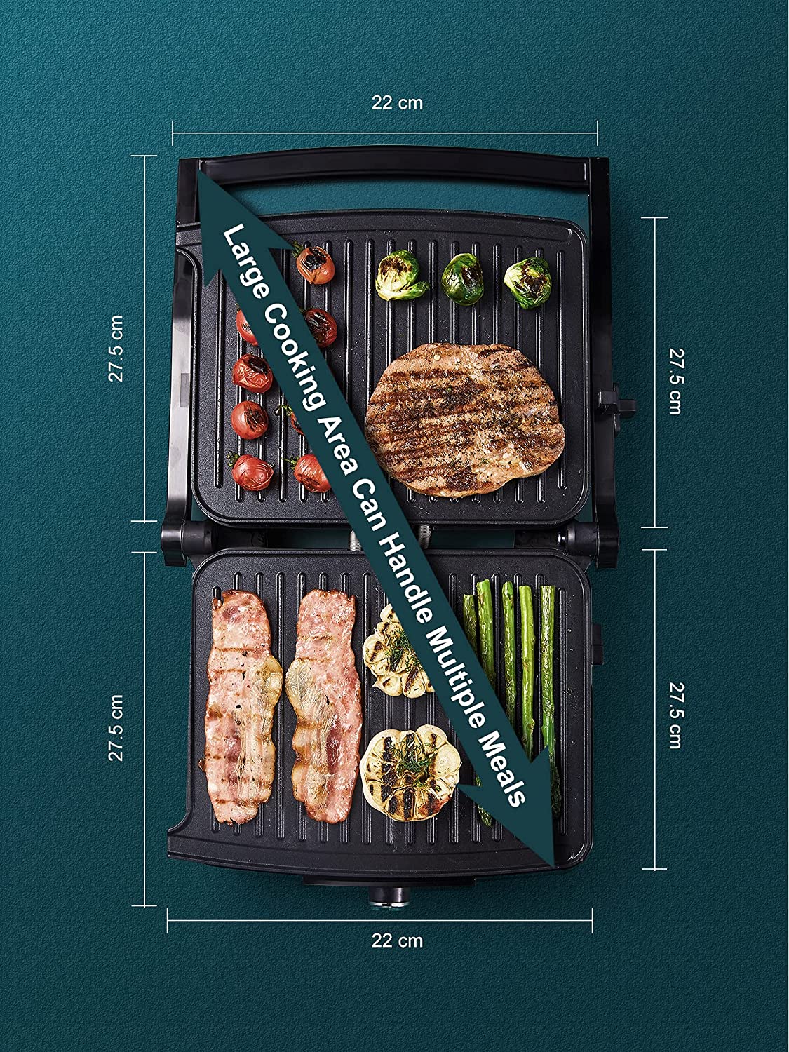 DEIK Electric Table Grill for Double-Sided 2000 W, Contact Grill 180 Degree Opening, Electric Grill for Panini, Toasts, Steak, Vegetables, Sandwich, Adjustable Temperature Controller