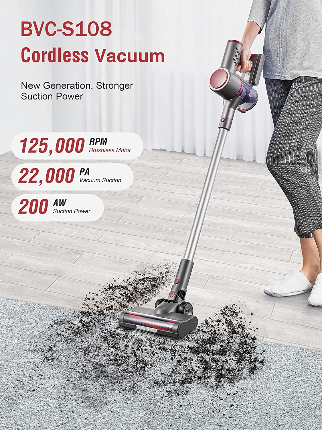 Kealive Battery Vacuum Cleaner, Cordless Vacuum Cleaner with 22000 Pa Strong Suction Power, 6 in 1 Vacuum Cleaner, Cordless Vacuum Cleaner, 40 Minutes Running Time, 2 Adjustable Suction Levels for Carpets, Wooden Floors, Pet Hair, Carpets