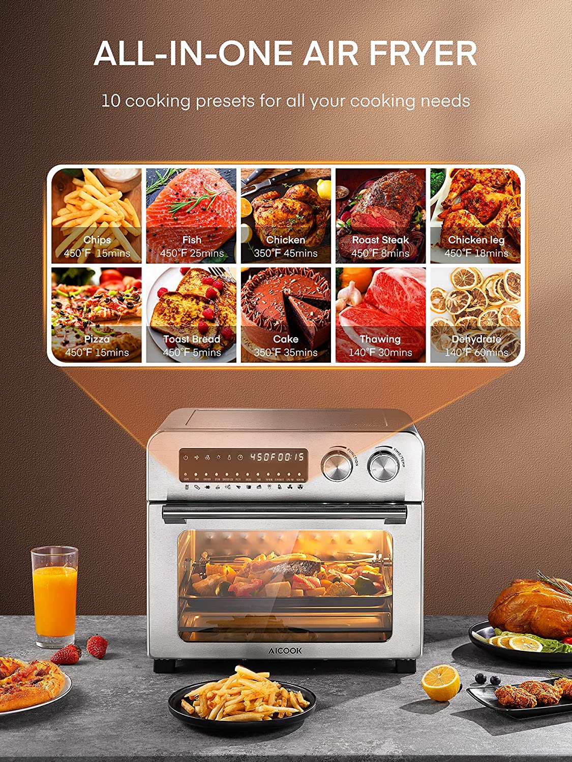 12 Smart Preset: chips/fish/chichen/steak/chichen leg/pizza/bread/thawing/cake/dehydrate