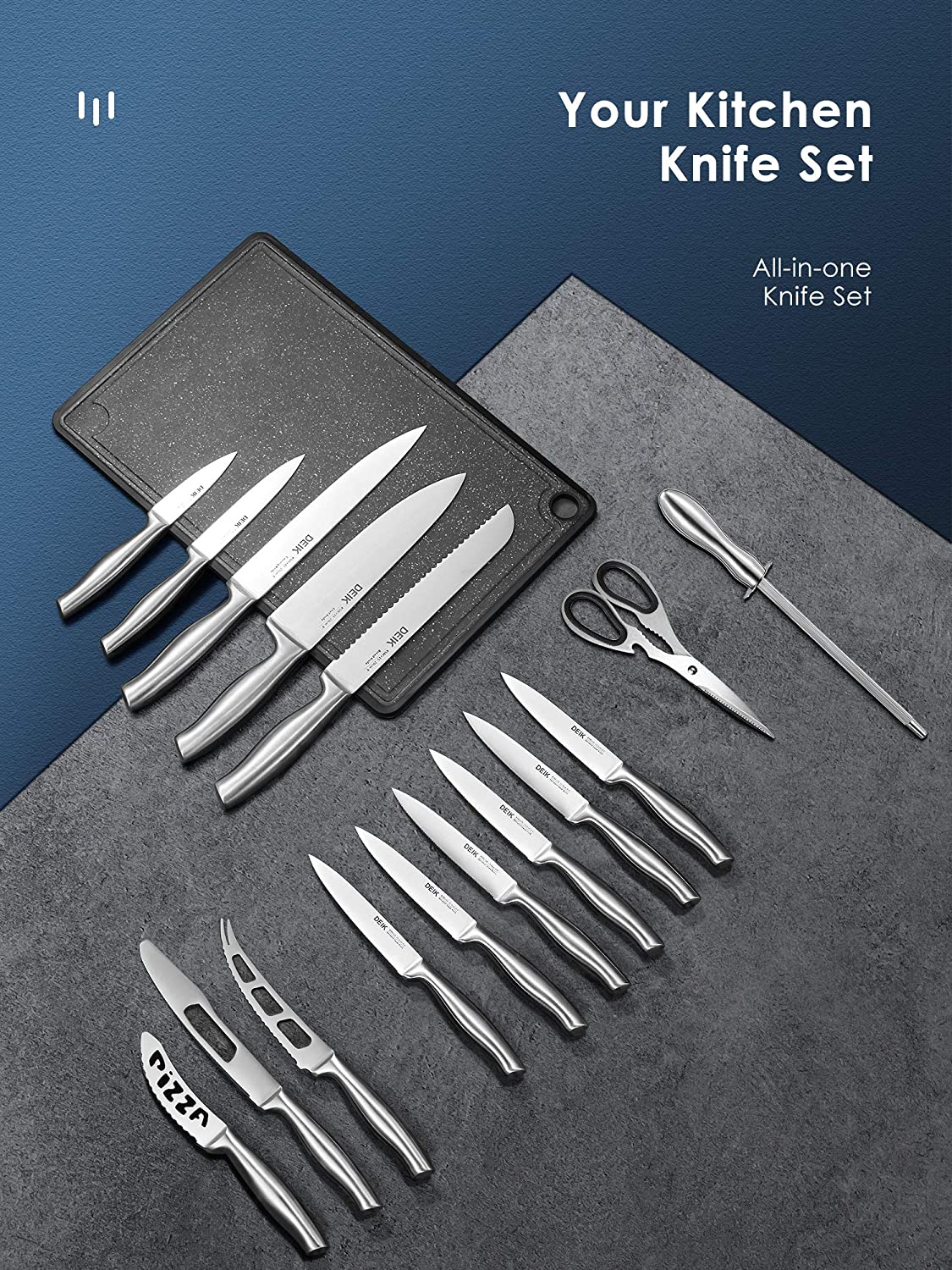 Aiheal K3-B8128-17 Silver Stainless Steel Kitchen Knife Set 17 Pieces With  Stand