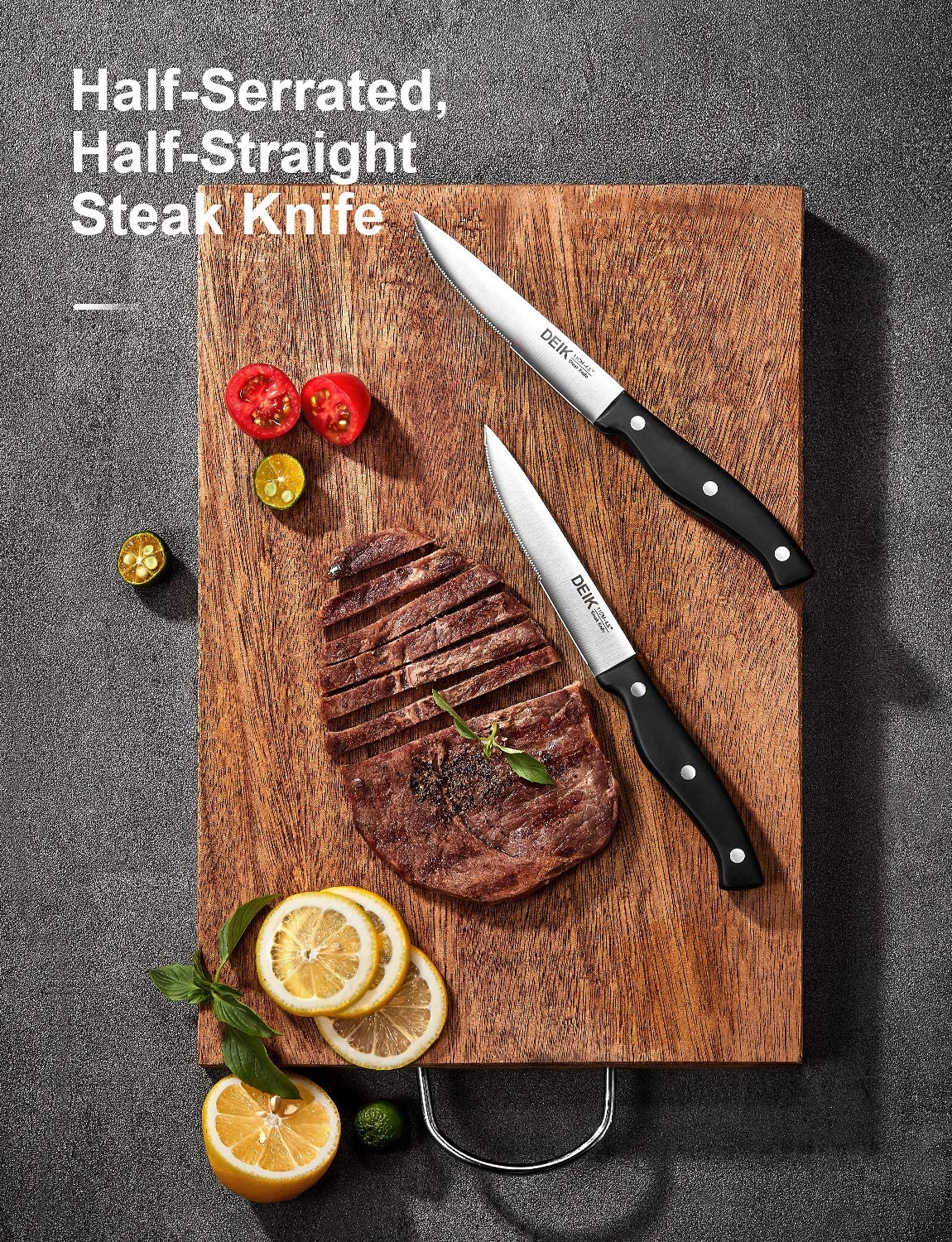 Deik | Knife Set, Upgraded Stainless Steel Kitchen Knife Set 15PCS for Anti-rusting, Super Sharp Carving Knife Set with Ergonomic Handle in Hardwood Block, Half-serrated, Half-Straight
